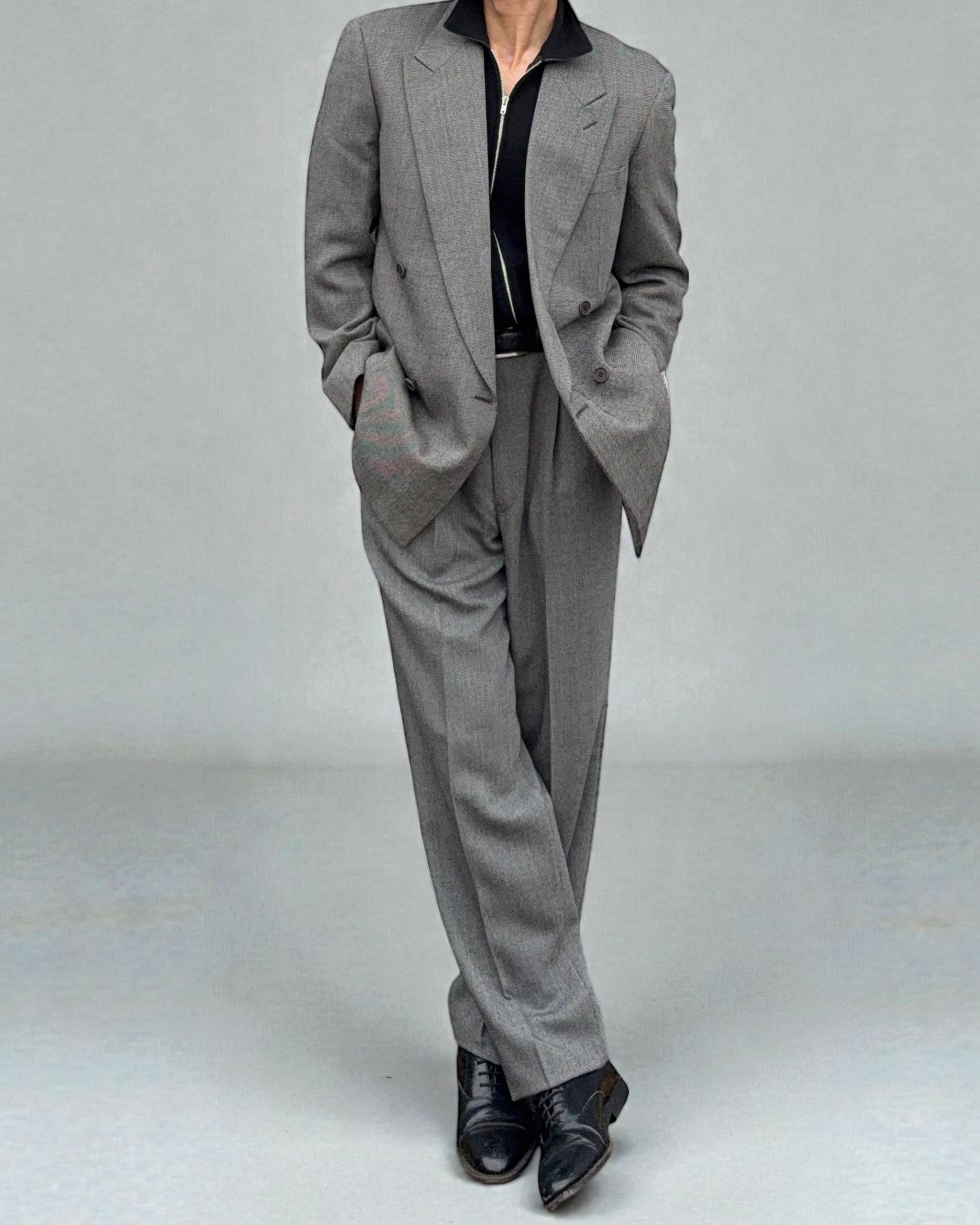 Giorgio Armani 1980s Double Breasted Pleated Wool Suit Textured Grey New - Size L Jacket / 32" Waist