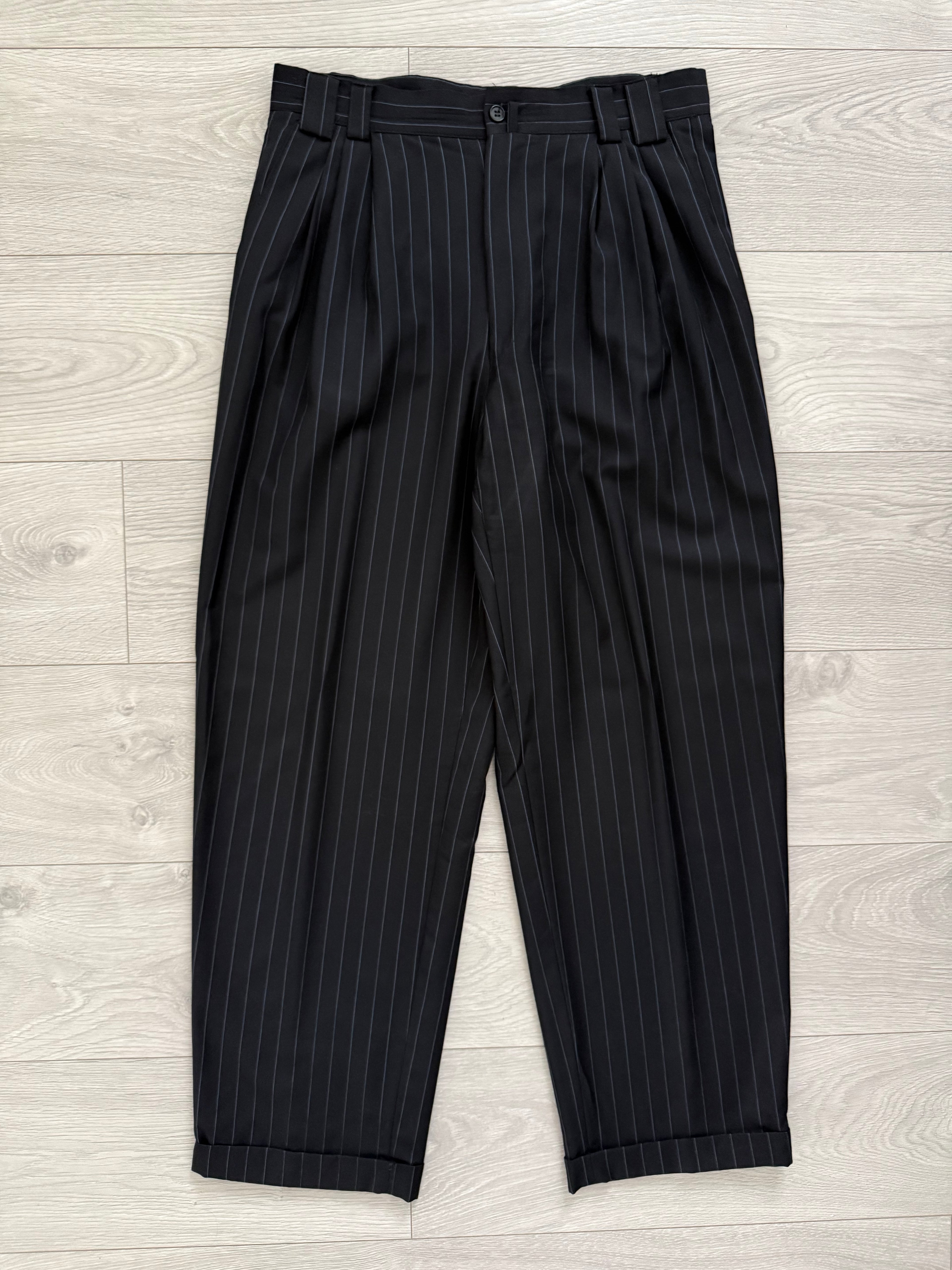 Versace 1980s Peak Lapel Double Breasted Triple Pleated Wool Striped Suit - Size L Jacket / 33" Waist