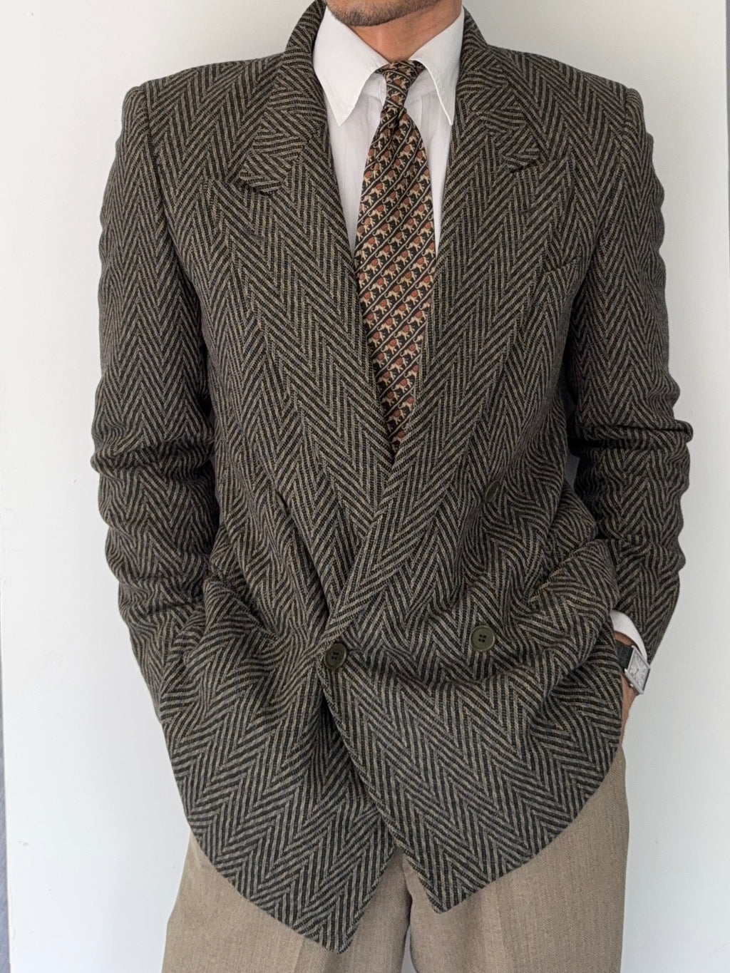 Hilton Armani 1980s Peaked Lapel Double Breasted Herringbone Sports Jacket Blazer - Size S