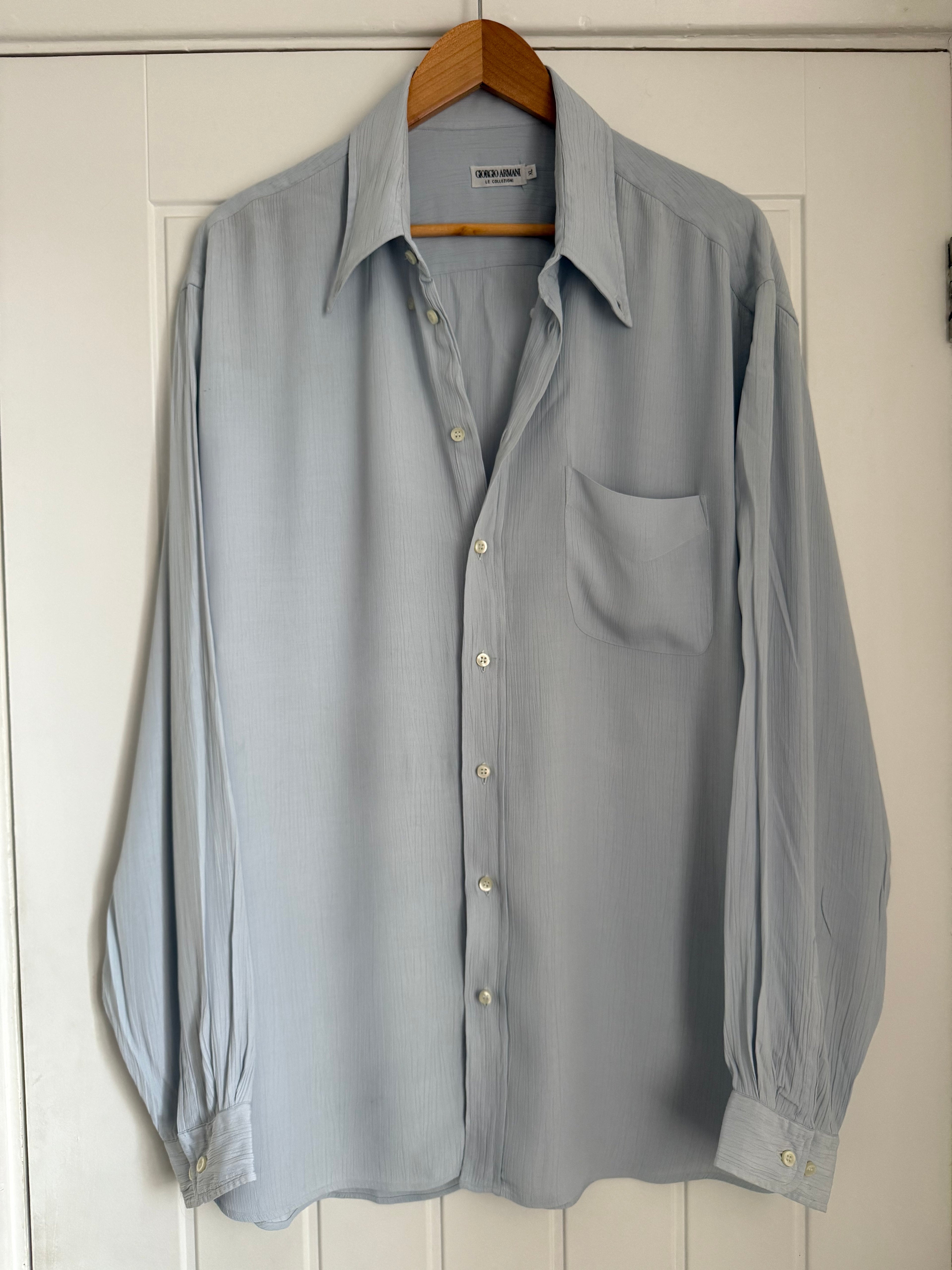Giorgio Armani 1980s Chiffon Pleated Relaxed Blue Shirt - Size XL