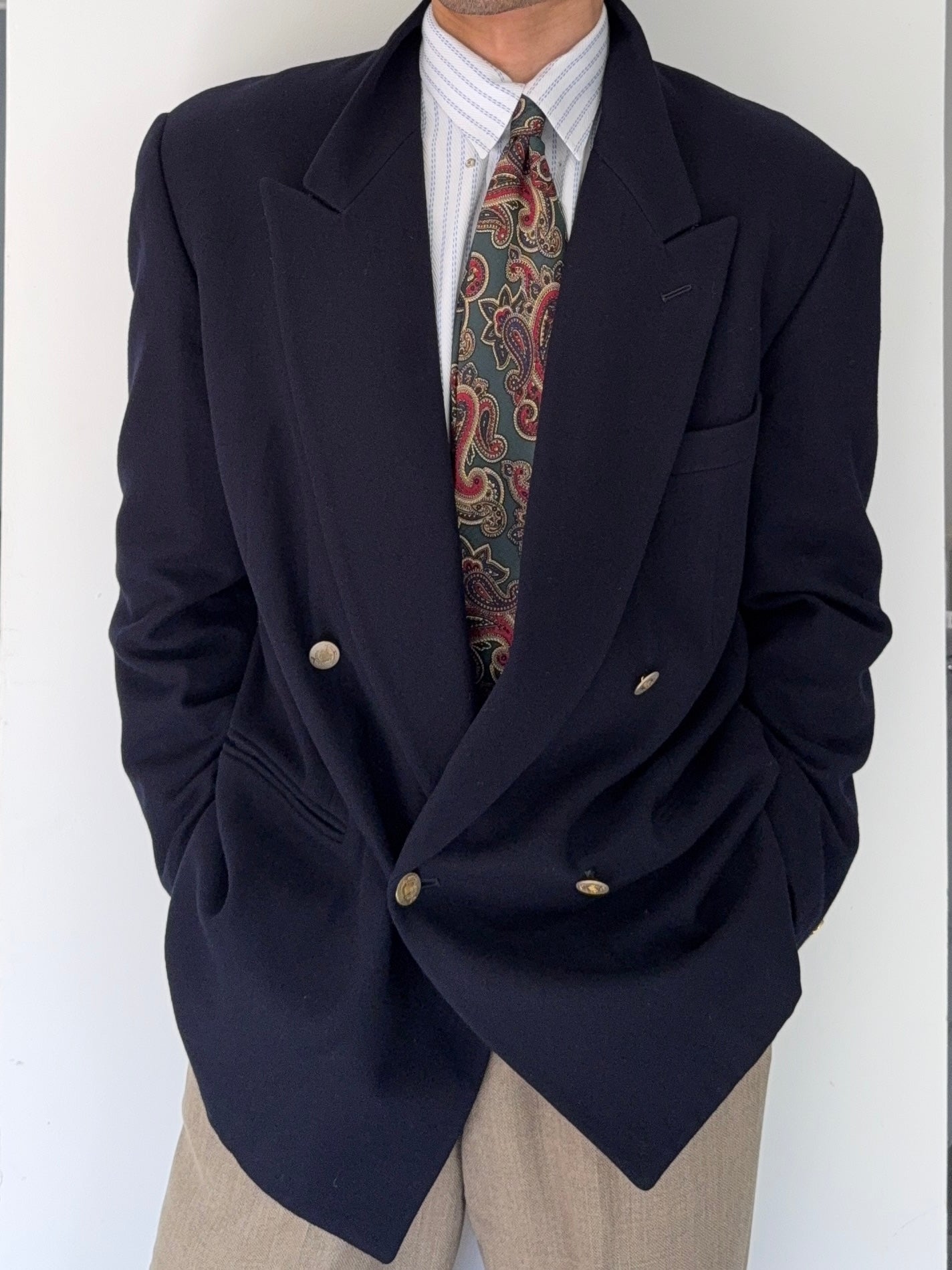 Emporio Armani 1980s Metal Button Double Breasted Wool Sports Blazer Jacket Navy - Size L
