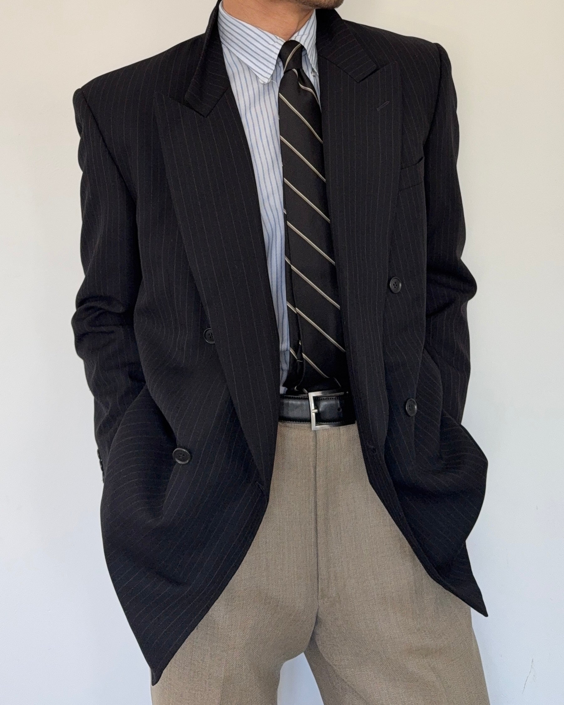 Durban 1990s Double Breasted Peaked Lapel Wool Jacket - Size L