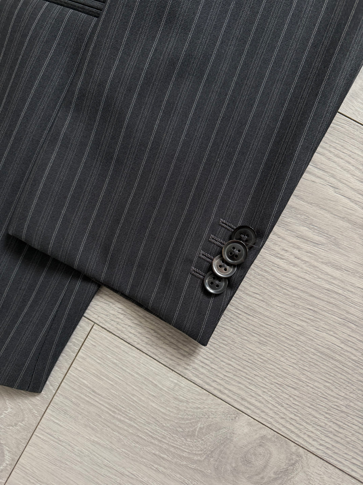 Armani 1990s Peaked Lapel Double Breasted Pleated Silk Wool Suit Striped Grey - Size L Jacket / 34" Waist