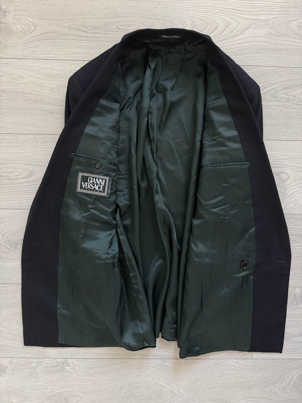 Versace 1980s Notch Lapel Double Breasted Wool Pleated Black Textured Suit - Size M Jacket / 30" Waist