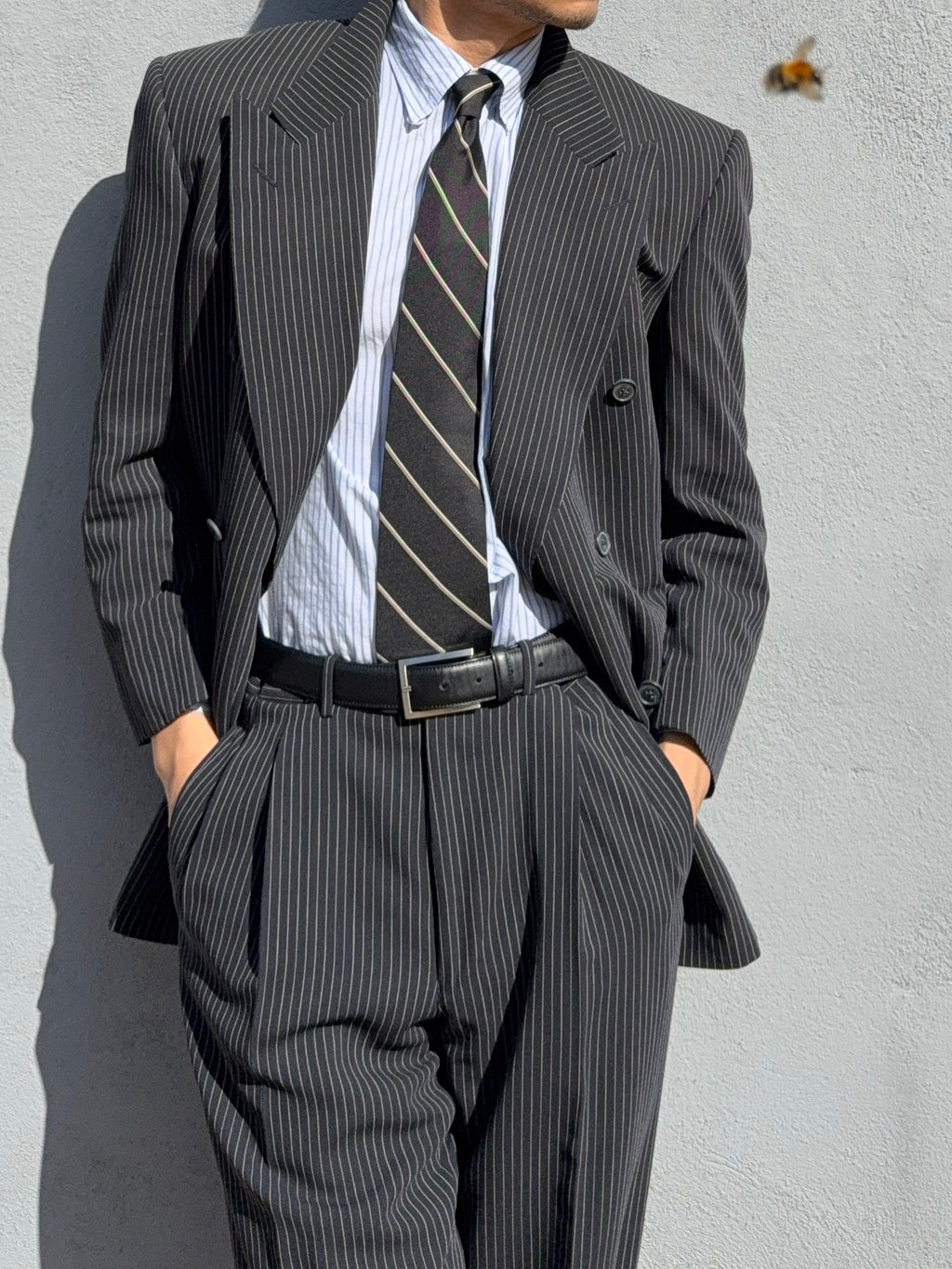 Valentino 1980s 6B Double Breasted Wool Pinestripe Power Suit - Size M Jacket / 32" Waist