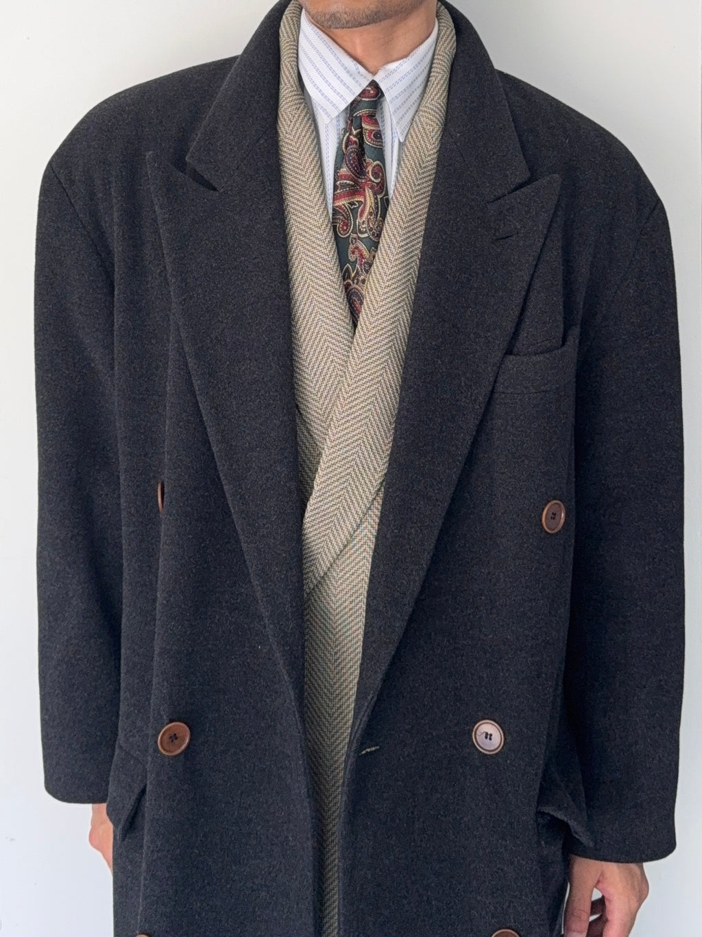Hugo Boss 1980s 'Facel Vega' Double-Breasted Peaked Lapel Long Wool Coat - Size L