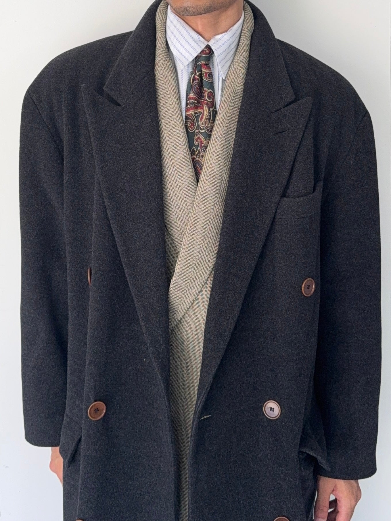 Hugo Boss 1980s 'Facel Vega' Double-Breasted Peaked Lapel Long Wool Coat - Size L