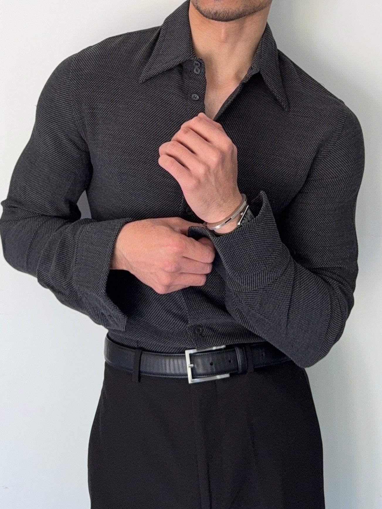 1990s GIORGIO ARMANI 50 高級 ウール シャツ ミラノ期 Giorgio Armani Black Label 1990s Spear Collar Shirt - Size S