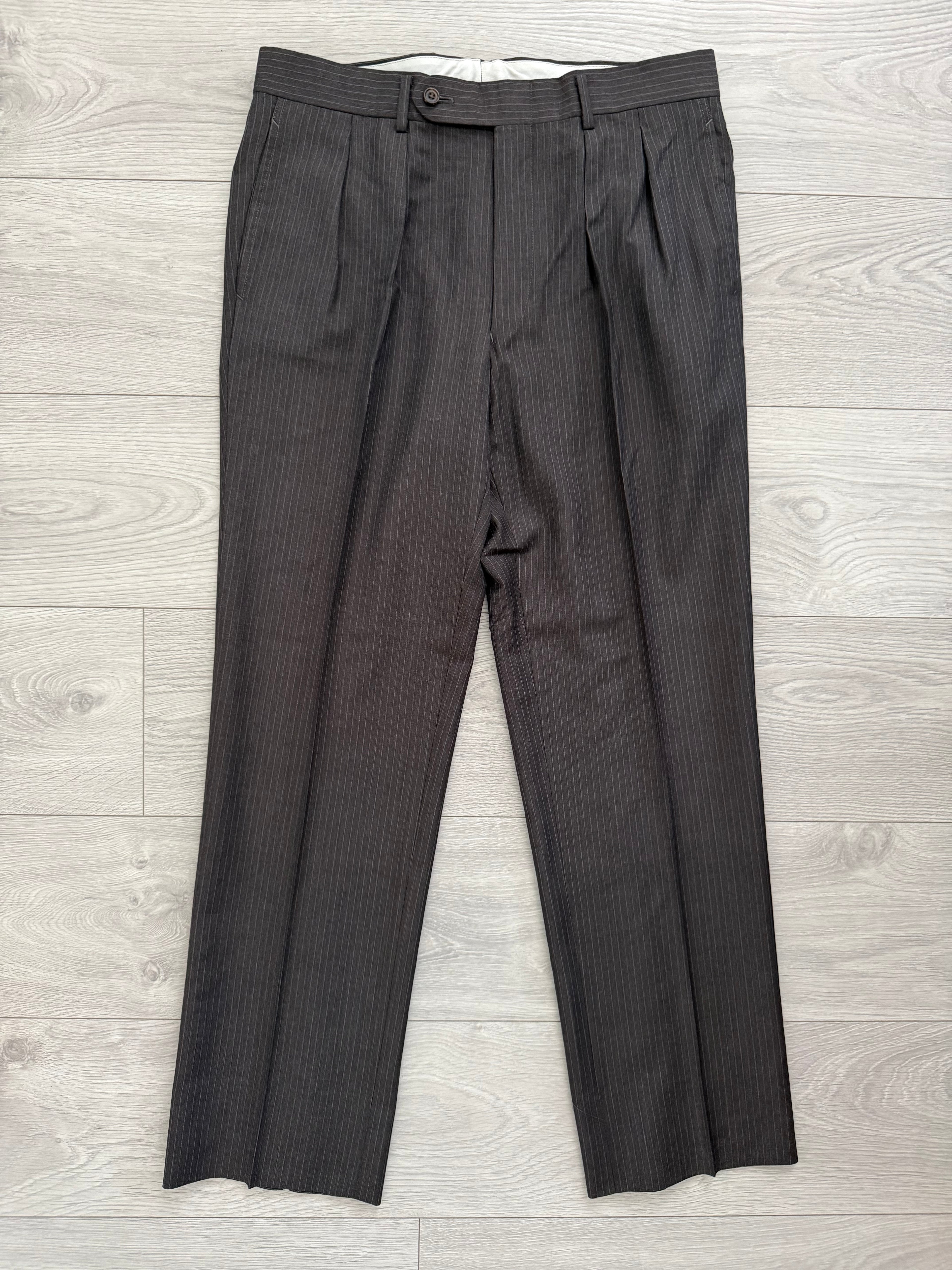 Burberry 1990s 2B Striped Wool Double-Pleat Espresso Grey Suit - Size M Jacket / 33" Waist