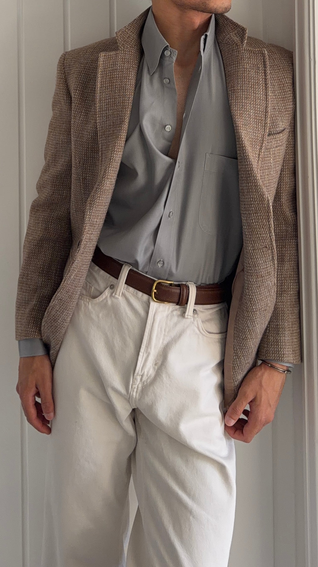 Armani 1990s Herringbone Grey Cotton Shirt - Size L