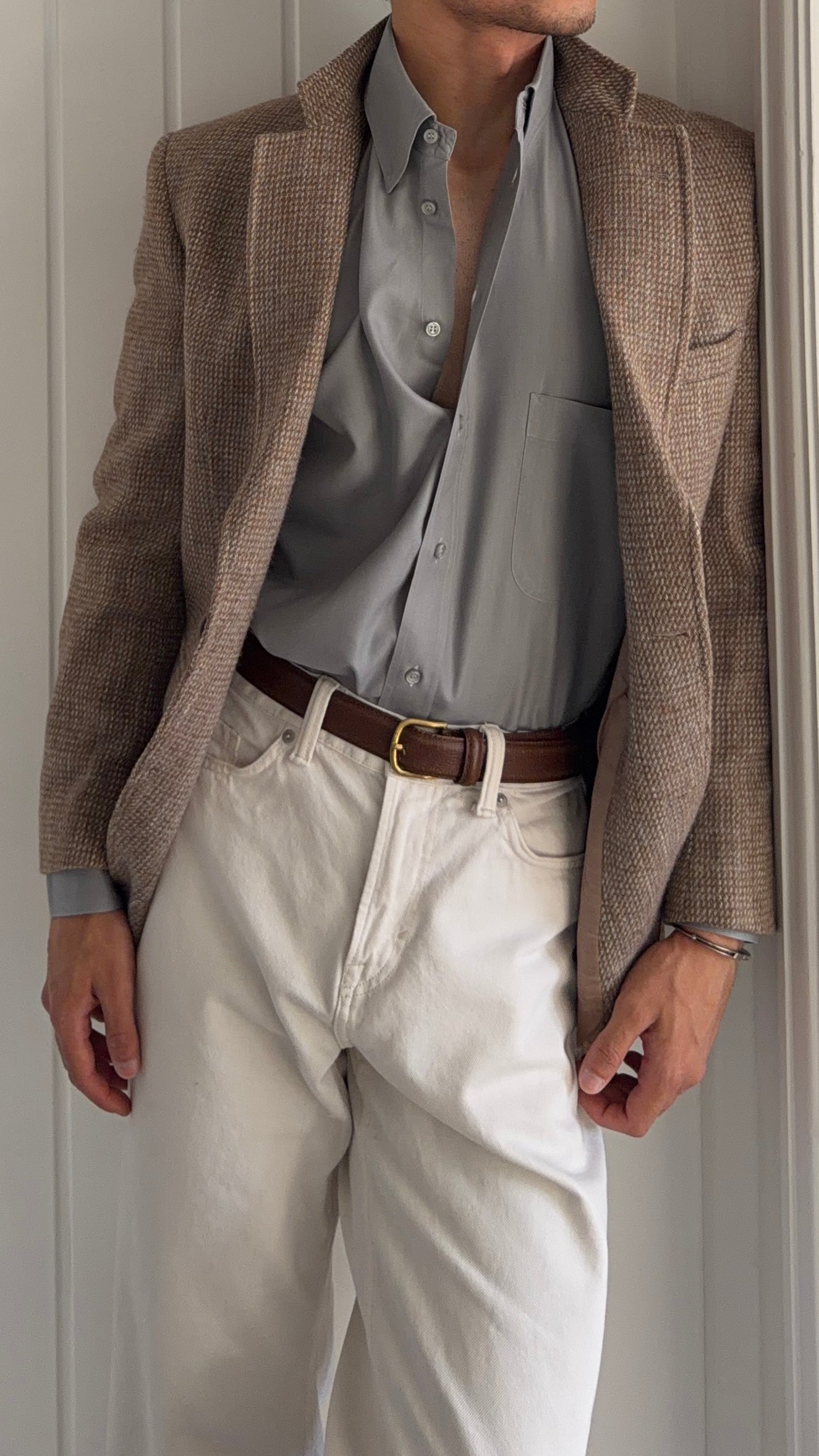 Armani 1990s Herringbone Grey Cotton Shirt - Size L