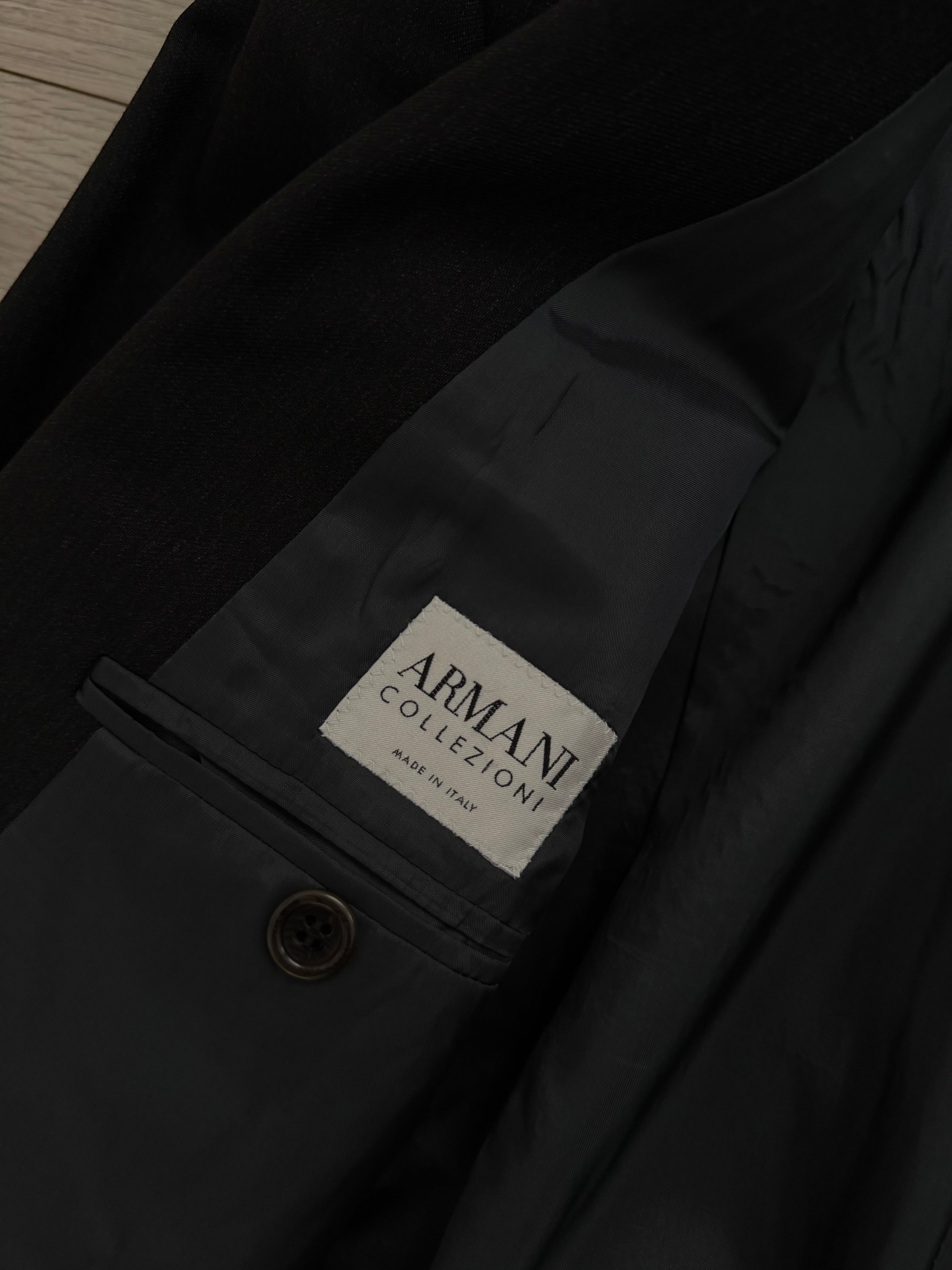 Armani 1990s Peaked Lapel Double Breasted Pleated Wool Suit Charcoal Grey - Size L Jacket / 33" Waist