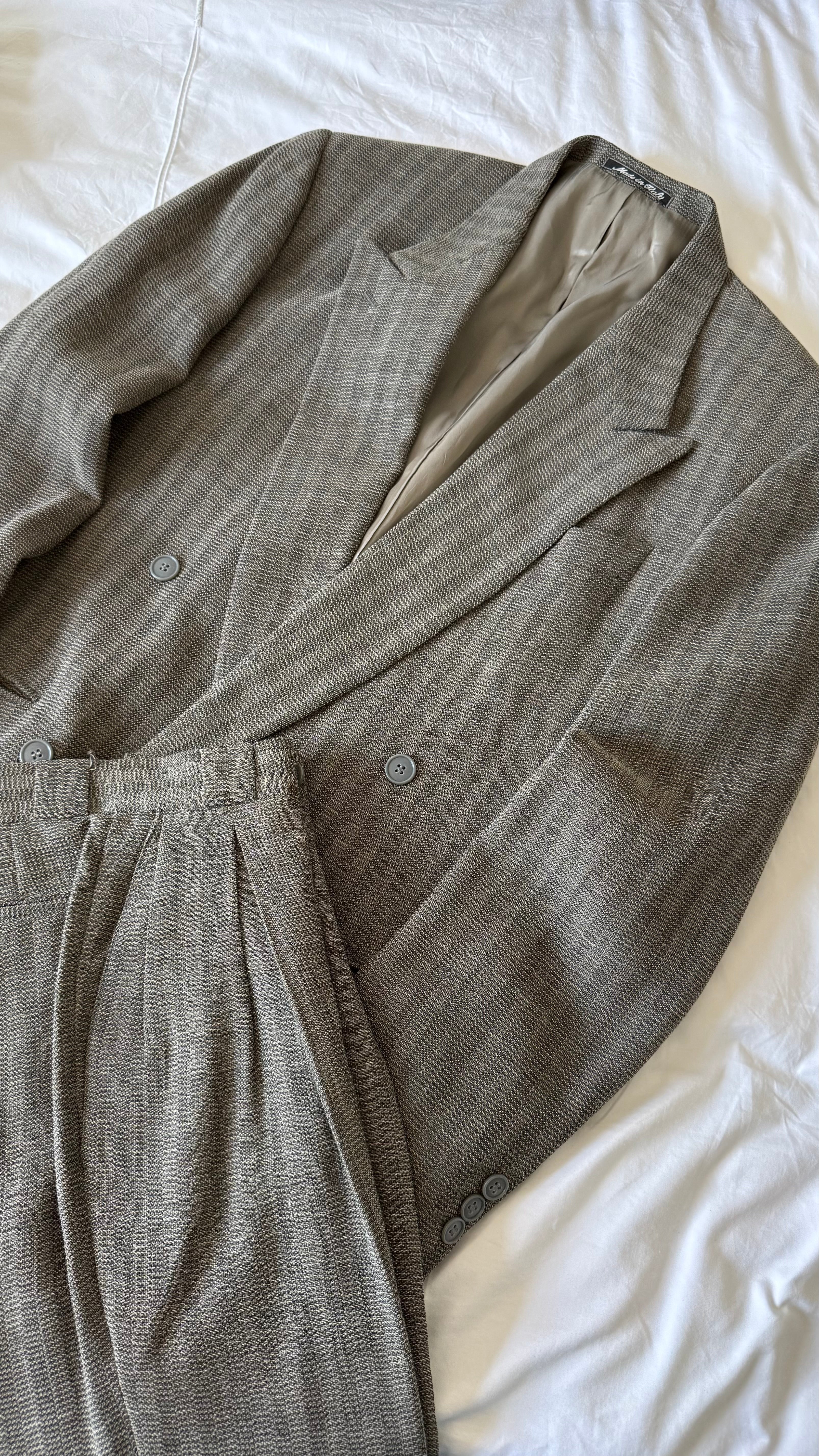 Emporio Armani 1980s Peaked Lapel Double Breasted Textured Wool Pleated Suit - Size S Jacket / 28" Waist