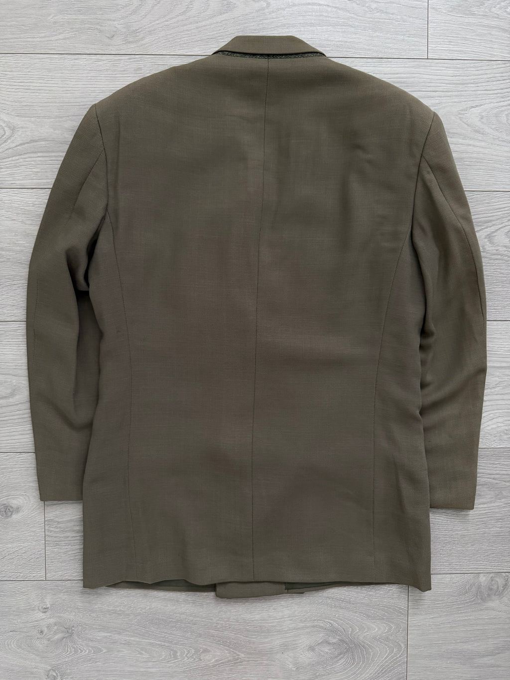 Giorgio Armani 1980s Taupe Green Peaked Lapel Double Breasted Pleated Wool Suit - Size S Jacket / 28" Waist