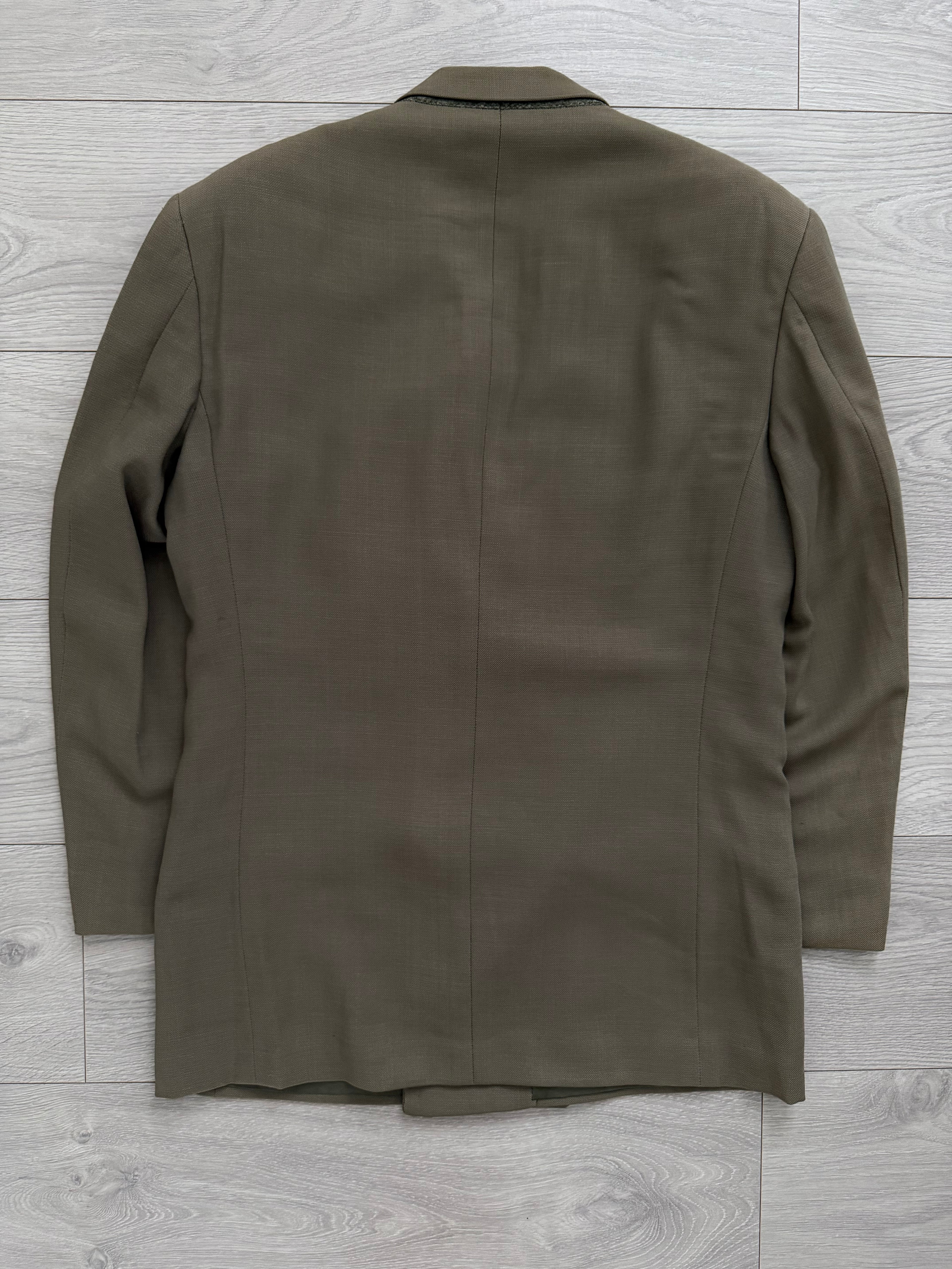 Giorgio Armani 1980s Taupe Green Peaked Lapel Double Breasted Pleated Wool Suit - Size S Jacket / 28" Waist