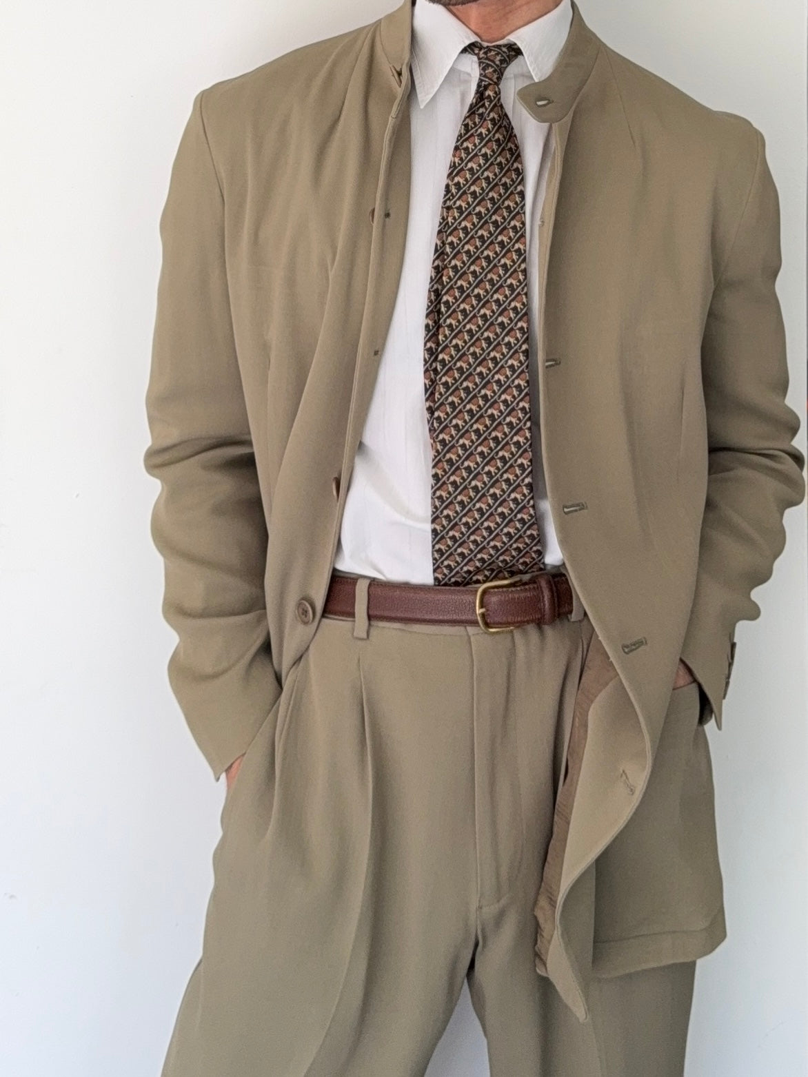 Emporio Armani AW1995 Nehru Collar Draped Khaki Taupe Suit - Size S Jacket / 30" Waist