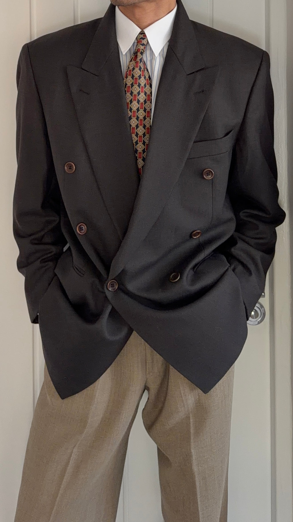 Hugo Boss 1980s Super 100s Peaked Lapel Double Breasted Wool Taupe Brown Sport Jacket Blazer - Size L