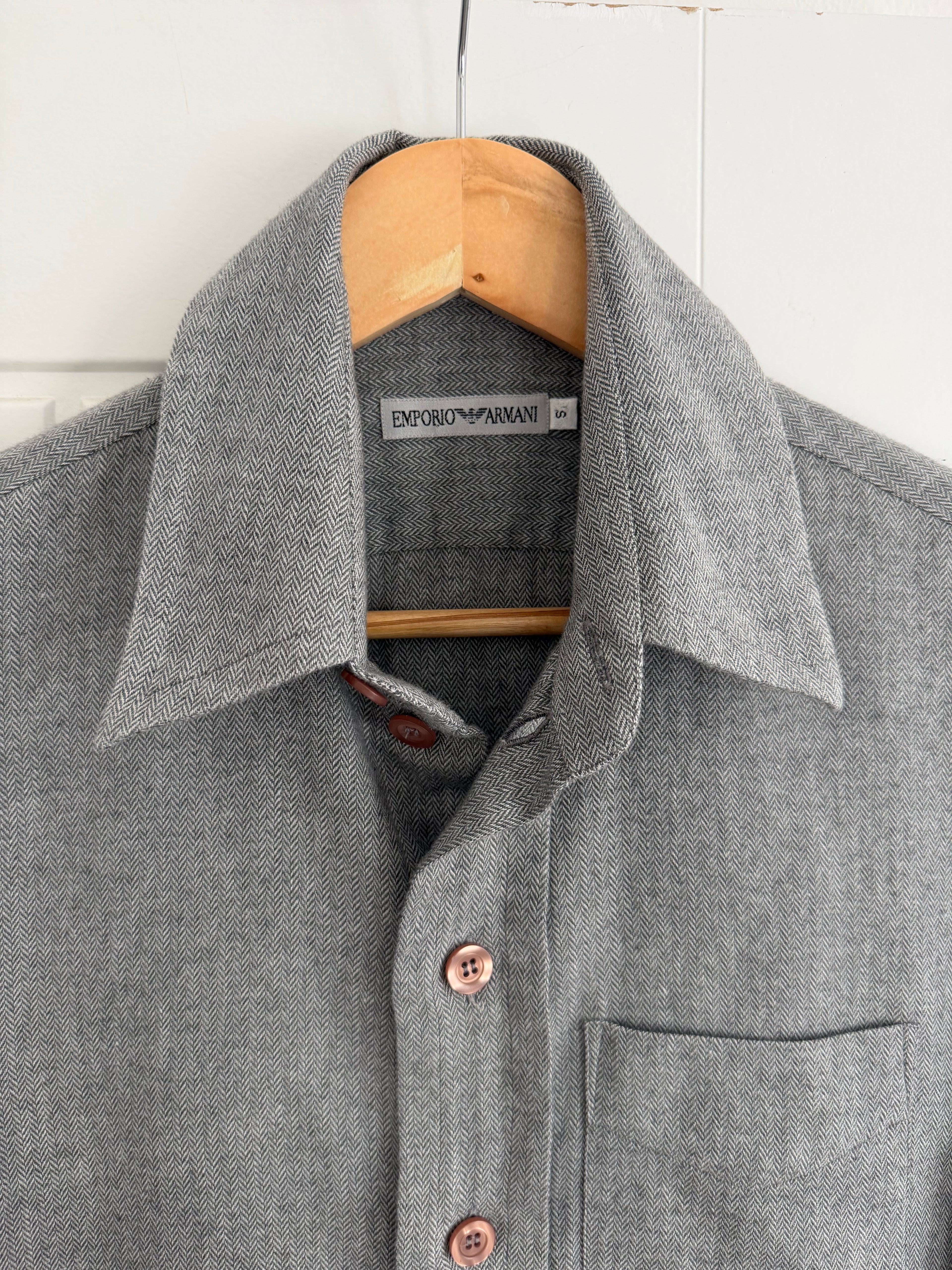 Emporio Armani 1990s Oversized Button Herringbone Cotton Viscose Shirt Grey - Size S
