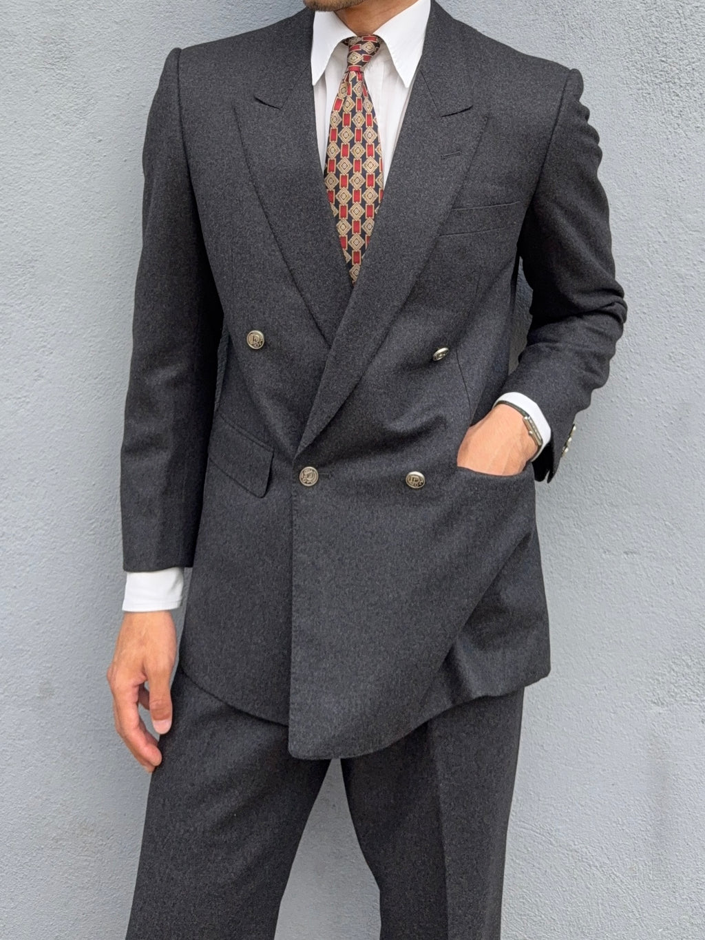 Christian Dior 1980s Peaked Lapel Double Breasted Metal Button Wool Suit - Size S Jacket / 29" Waist