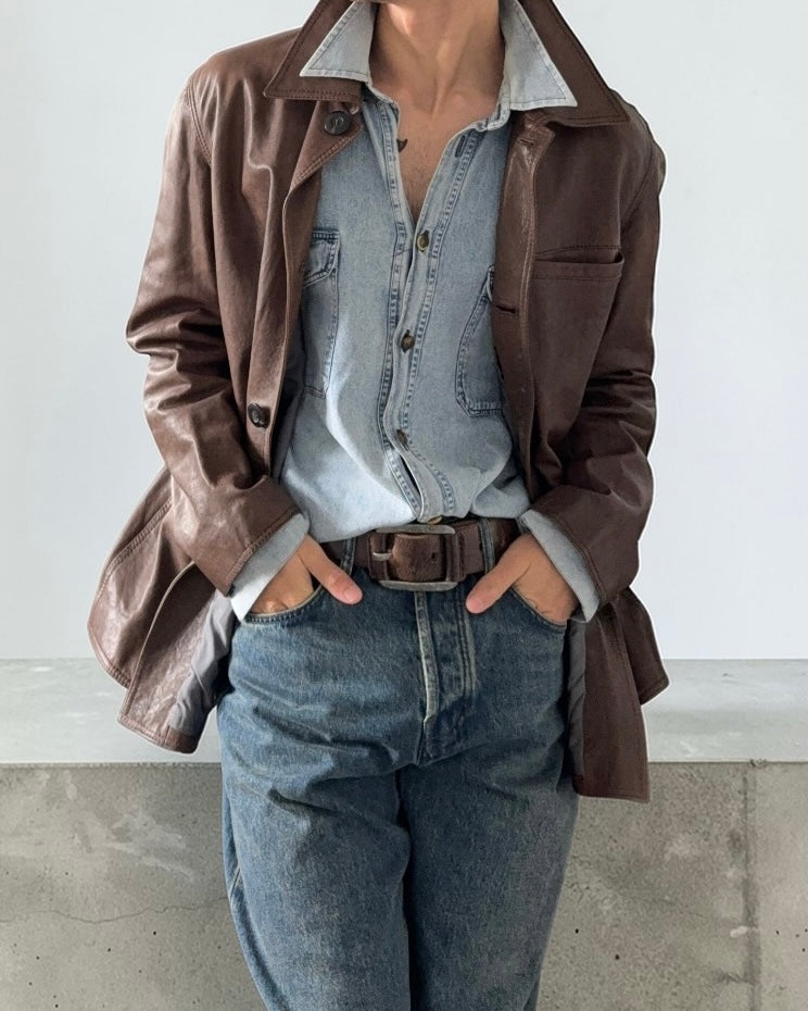 Armani 2000s Tobacco Brown Leather Western Jacket - Size XL