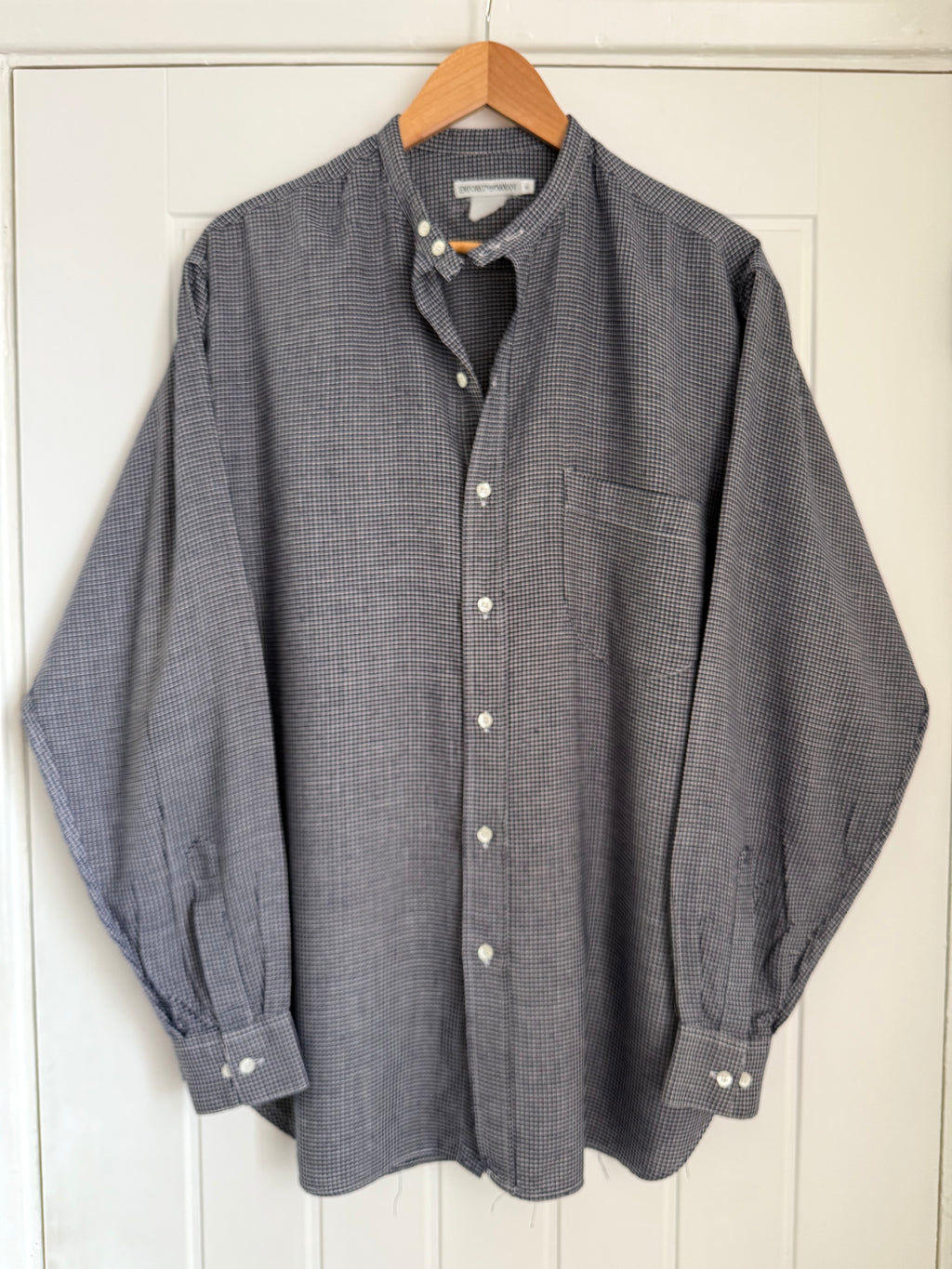Emporio Armani 1980s Nehru Collar Relaxed Fit Check Shirt - Size L
