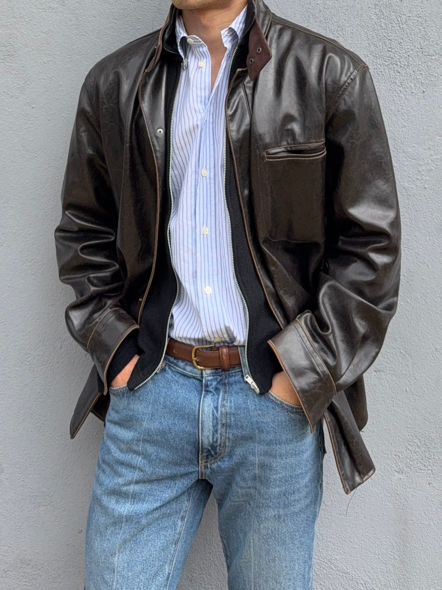Armani 2004 Aged Leather Effect Snap-Front Jacket - Size XL