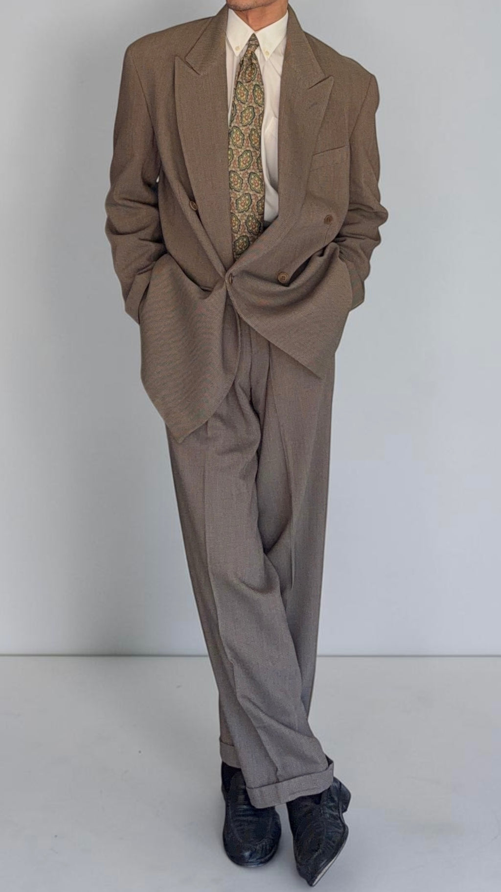 Emporio Armani 1990s Peaked Lapel Double Breasted Textured Weave Pleated Wool Suit - Size XL Jacket / 34" Waist