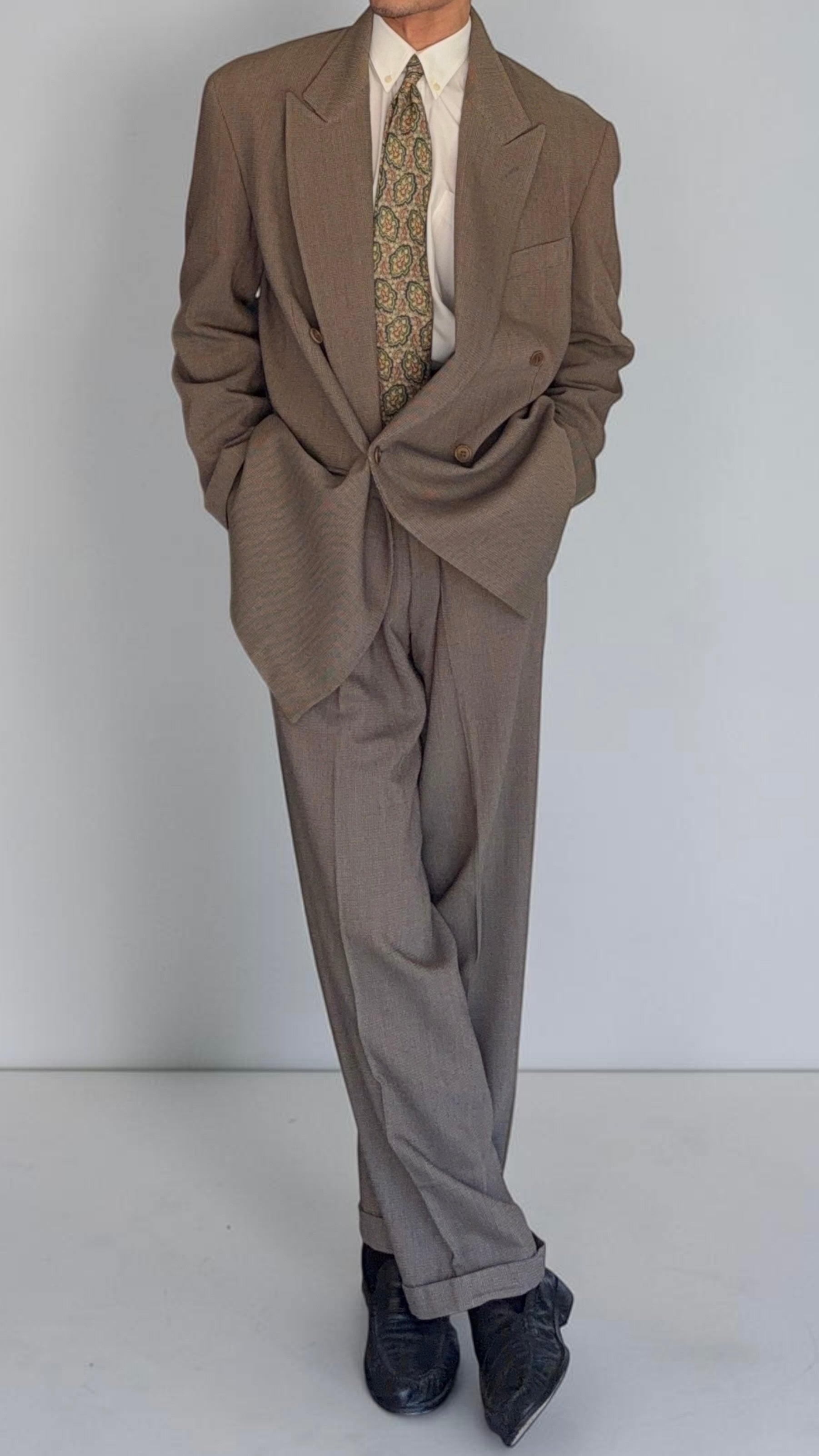 Emporio Armani 1990s Peaked Lapel Double Breasted Textured Weave Pleated Wool Suit - Size XL Jacket / 34" Waist