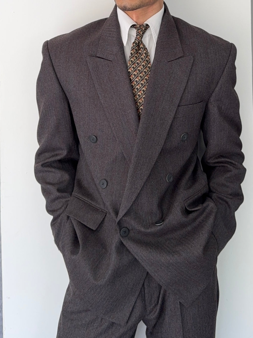 Vintage 1980s Made in England Double Breasted Peaked Lapel Pleated Brown Suit - Size M Jacket / 31" Waist