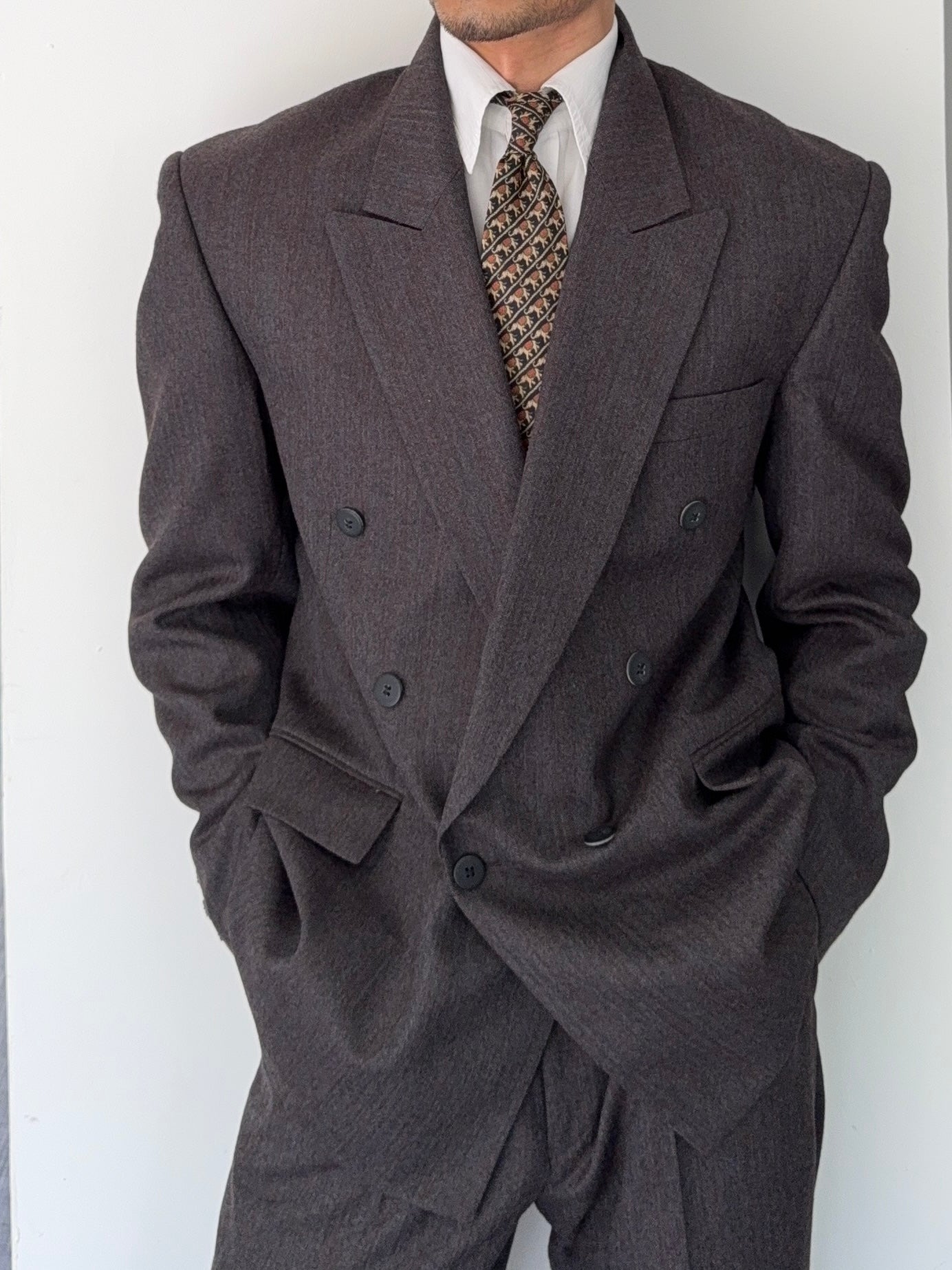 Vintage 1980s Made in England Double Breasted Peaked Lapel Pleated Brown Suit - Size M Jacket / 31" Waist