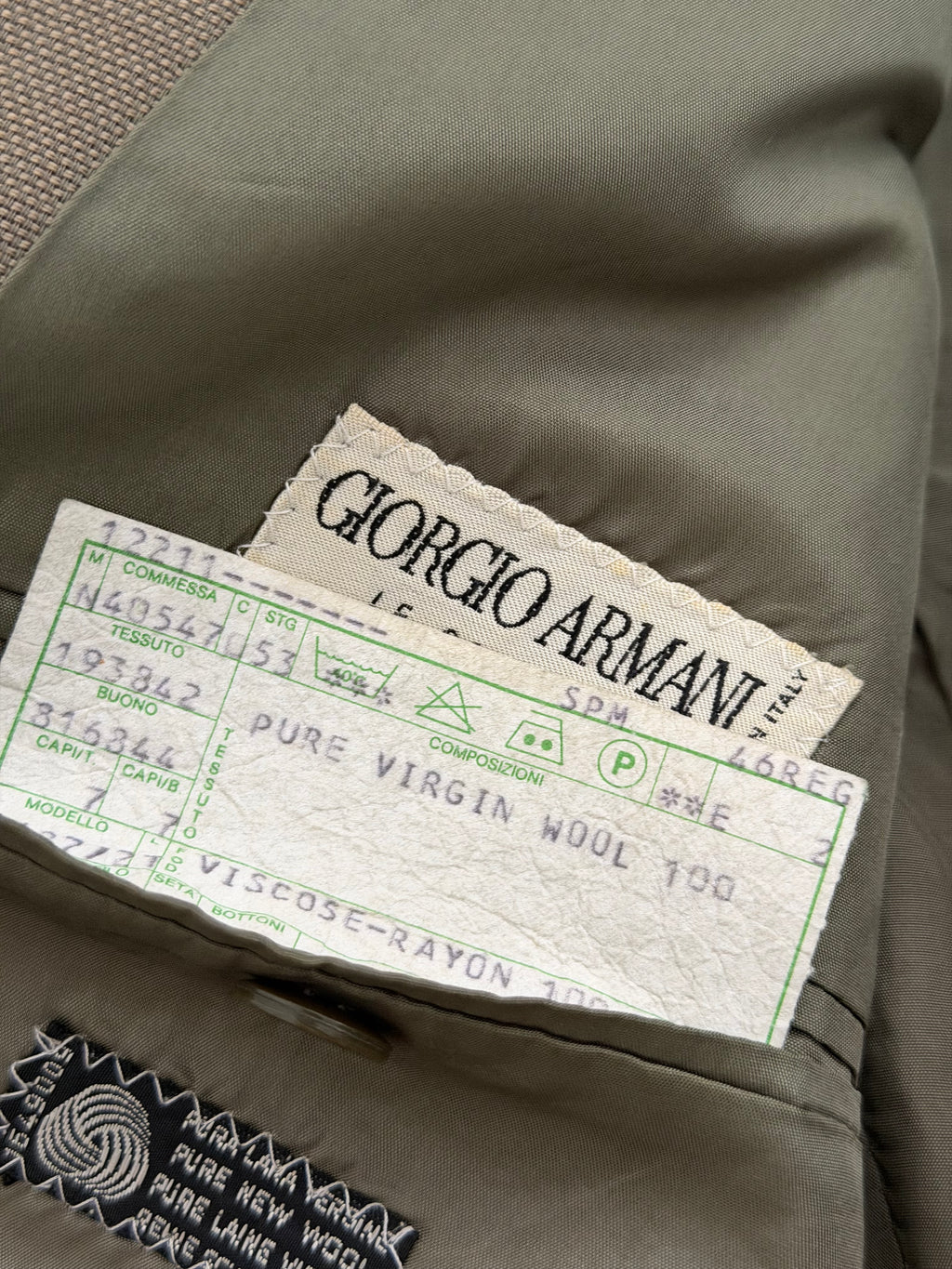 Giorgio Armani 1980s Taupe Green Peaked Lapel Double Breasted Pleated Wool Suit - Size S Jacket / 28" Waist