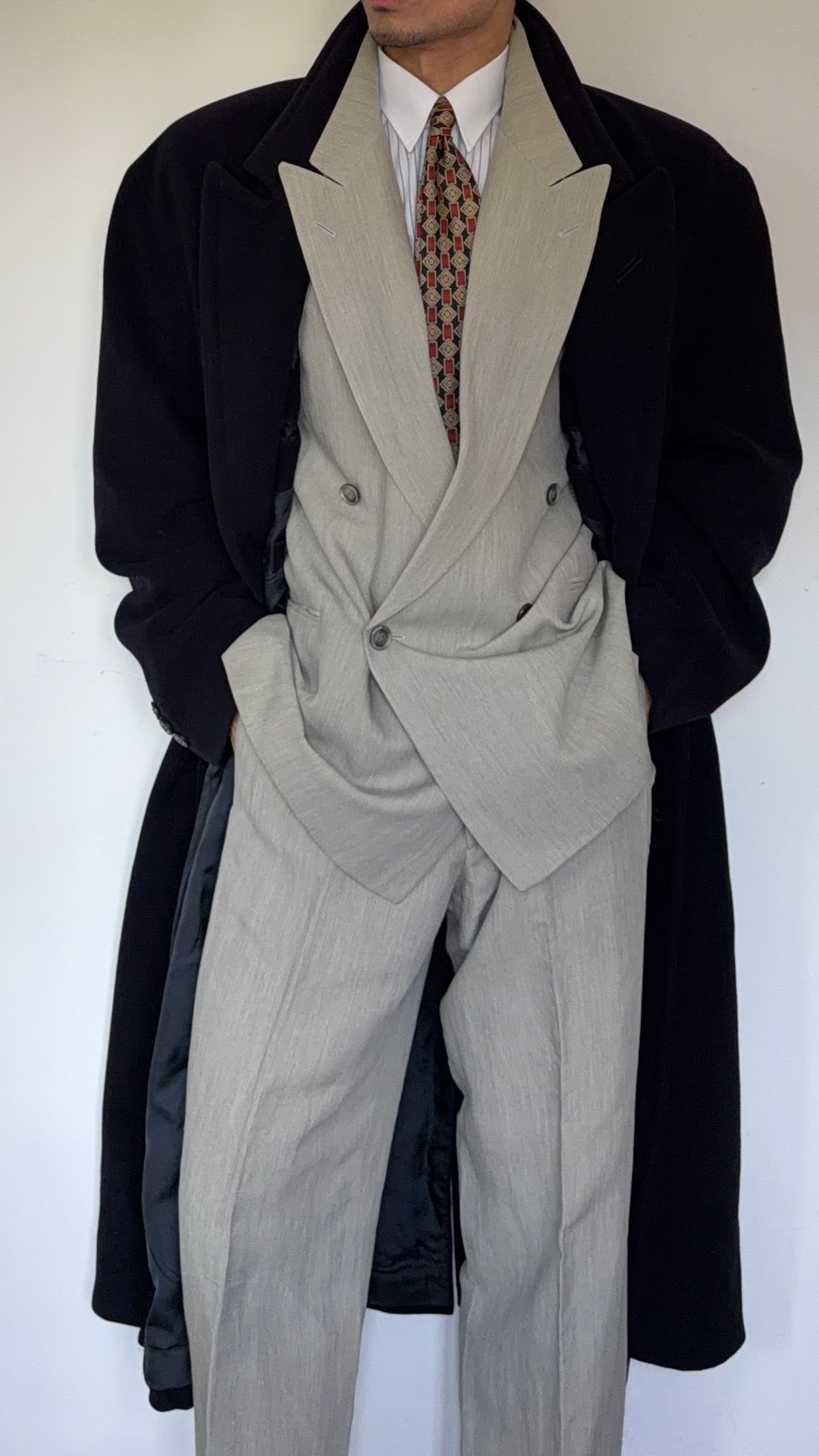Hugo Boss 1980s 'Yamaha' Peaked Lapel Navy Wool Overcoat - Size XXL