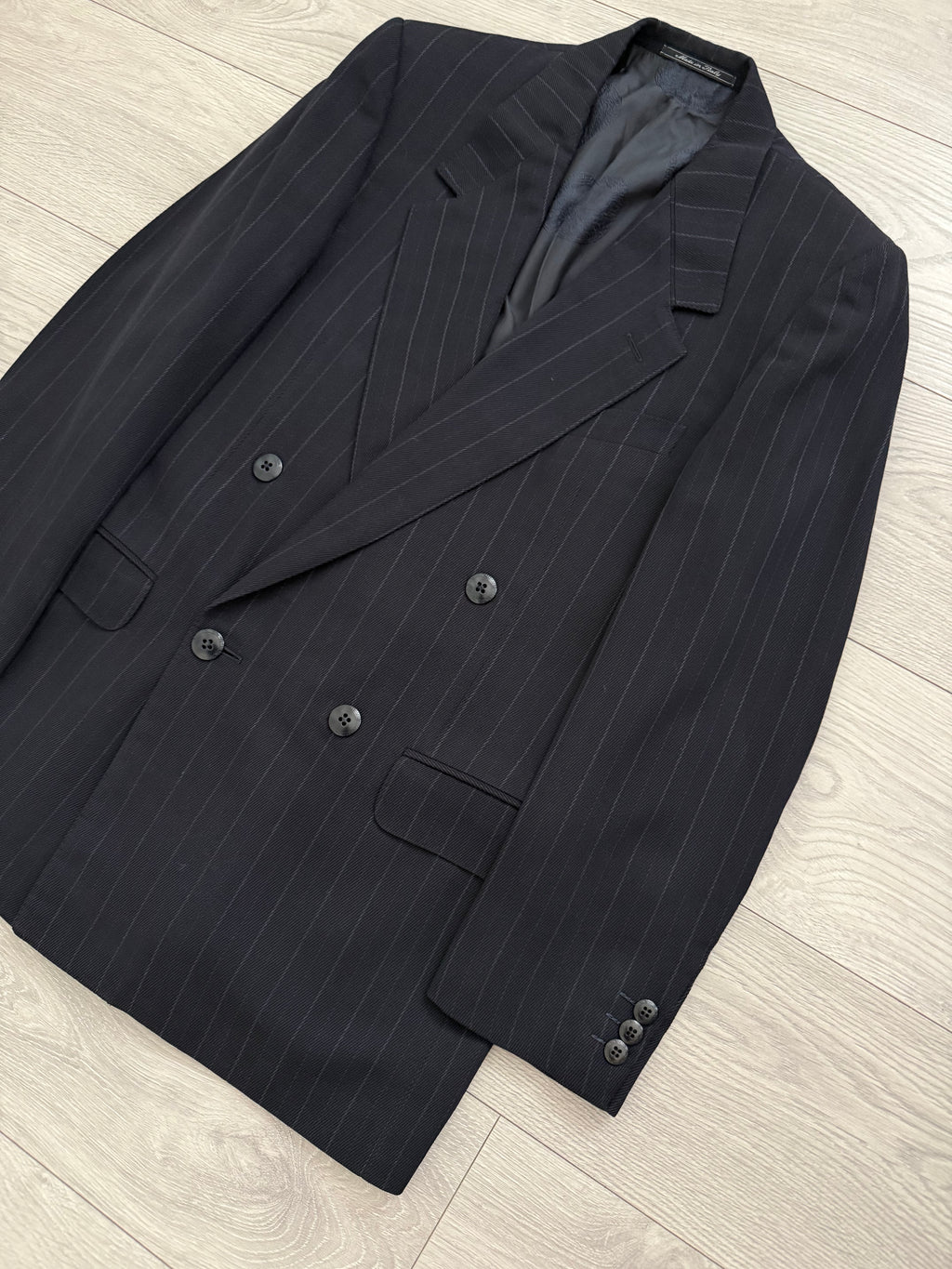 Versace 1980s Notch Lapel Double Breasted Pleated Wool Striped Suit - Size S Jacket / 32" Waist