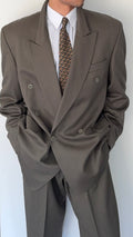 1980s Vintage Peaked Lapel Double Breasted Pleated Pure New Wool Olive Green Suit - Size XL Jacket / 34" Waist