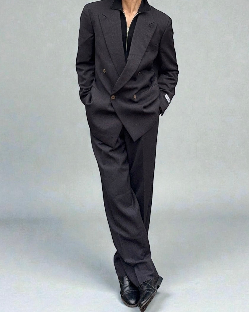 Giorgio Armani 1980s Double Breasted Pleated Wool Suit Espresso Charcoal New - Size L Jacket / 32" Waist