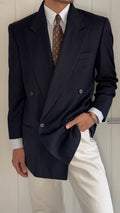 Giorgio Armani 1980s Peaked Lapel Double Breasted Navy Wool Sport Jacket Blazer - Size M