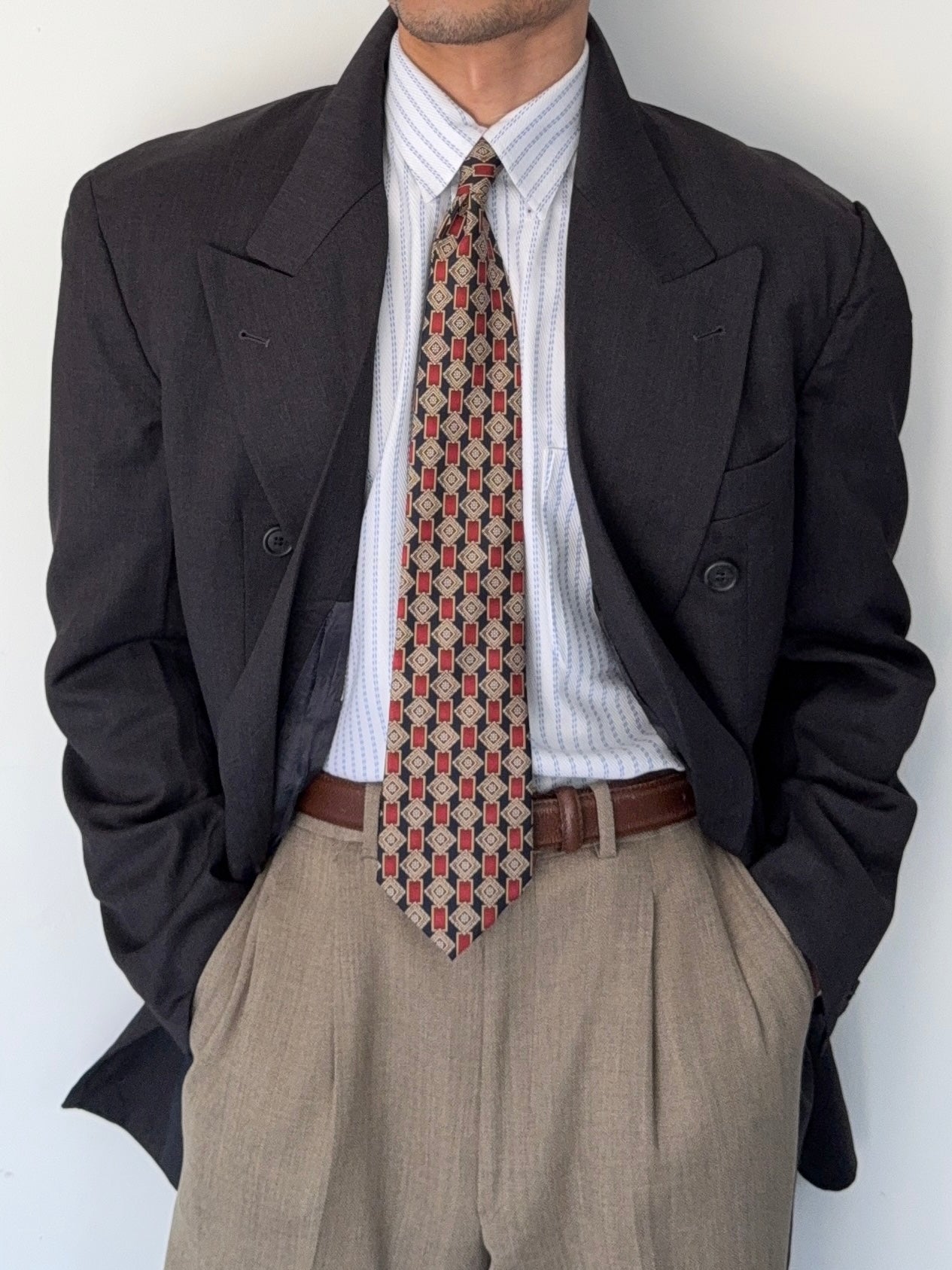 Hugo Boss 1980s 'Mitford' Grey Peaked Lapel Double Breasted Wool Sports Jacket Blazer - Size XL
