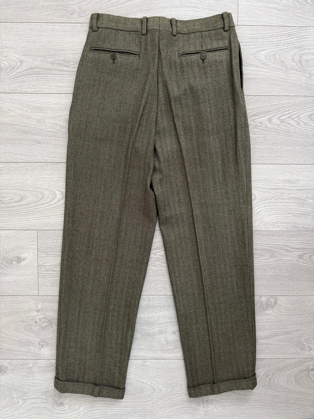 Calvin Klein 1990s 2B Herringbone Wool Double Pleat Suit Khaki Green - Size M Jacket / 32" Waist