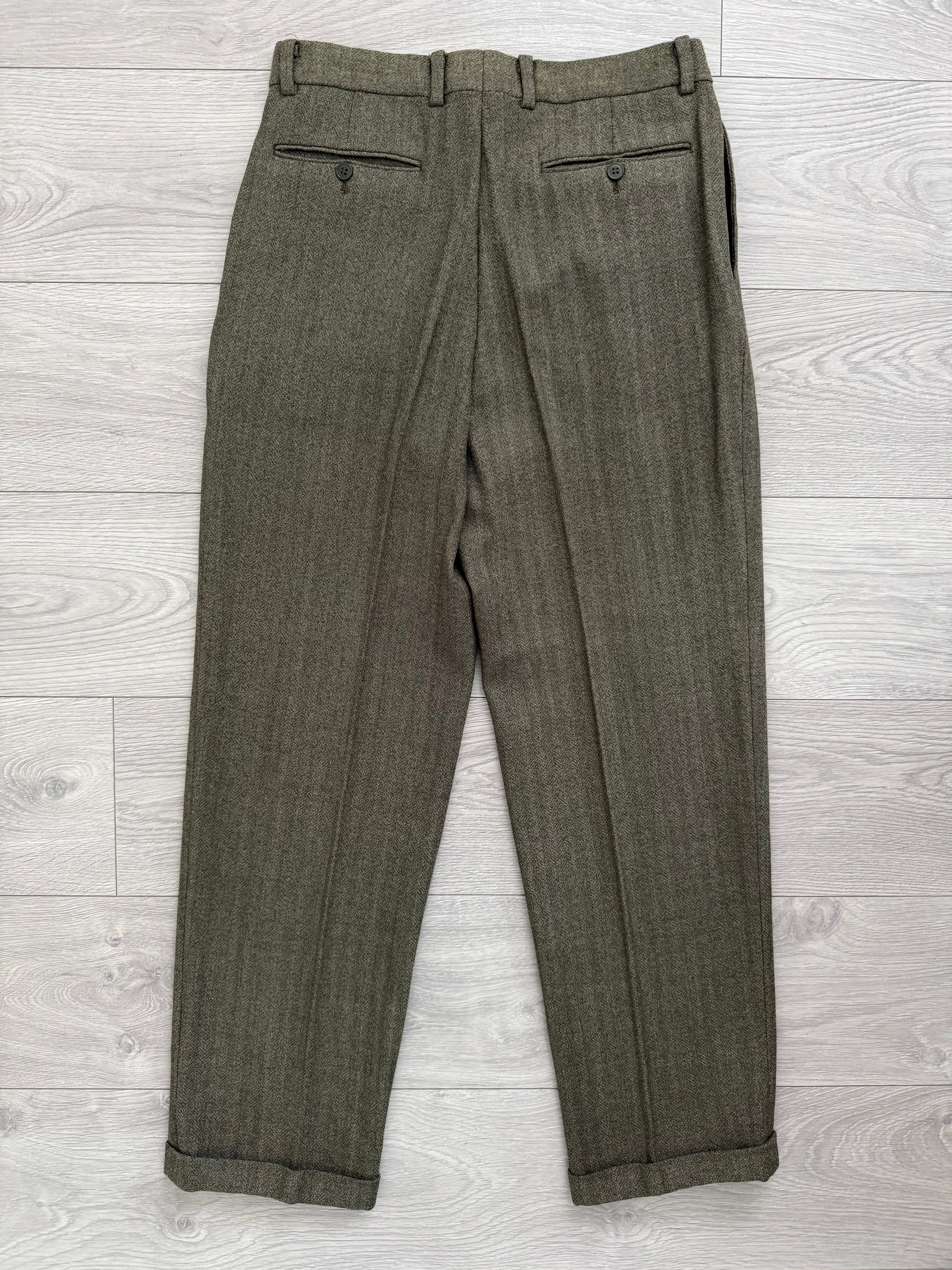 Calvin Klein 1990s 2B Herringbone Wool Double Pleat Suit Khaki Green - Size M Jacket / 32" Waist