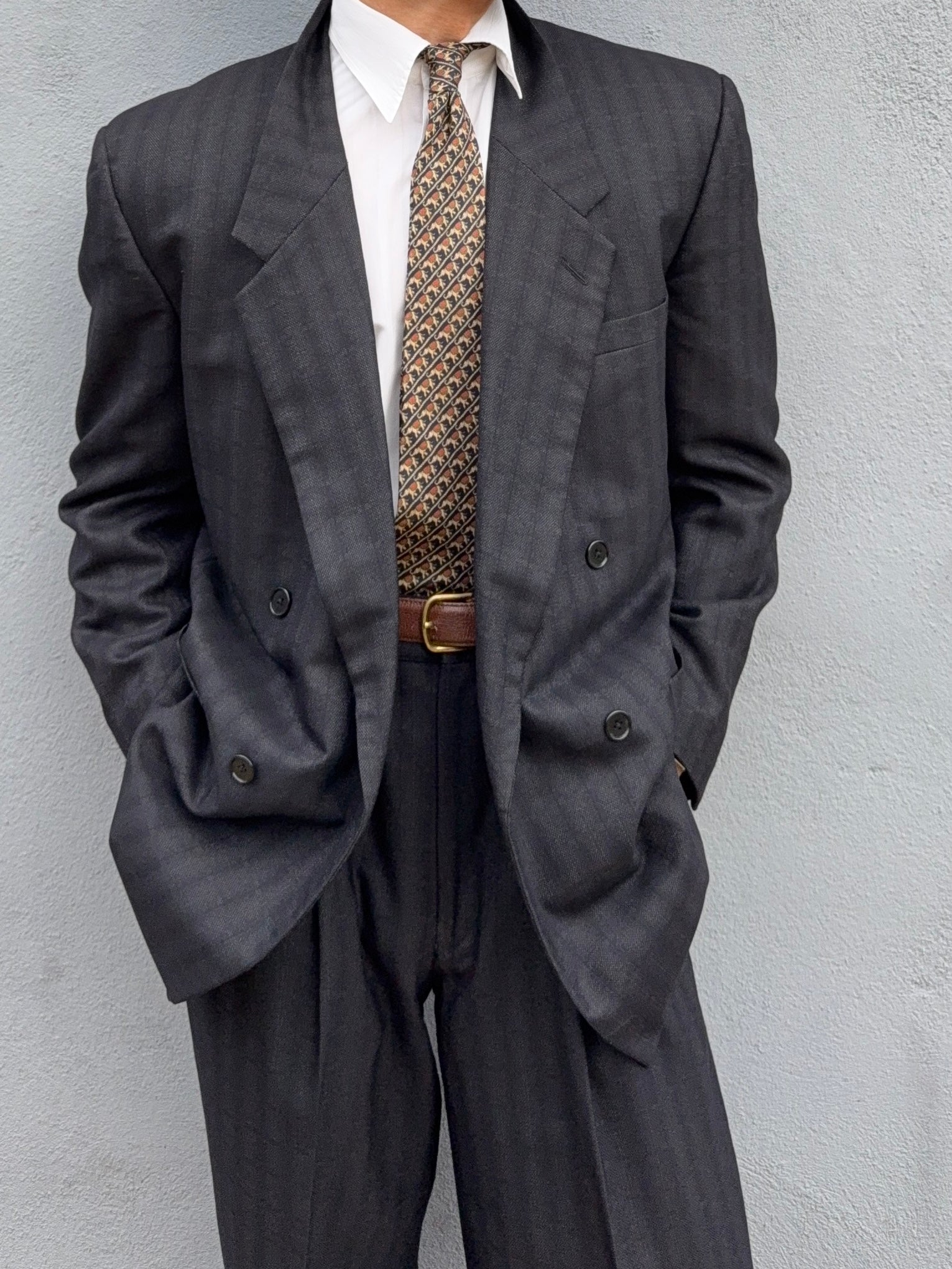 Versace 1980s Notch Lapel Double Breasted Triple Pleat Textured Black Wool Suit - Size M Jacket / 32" Waist
