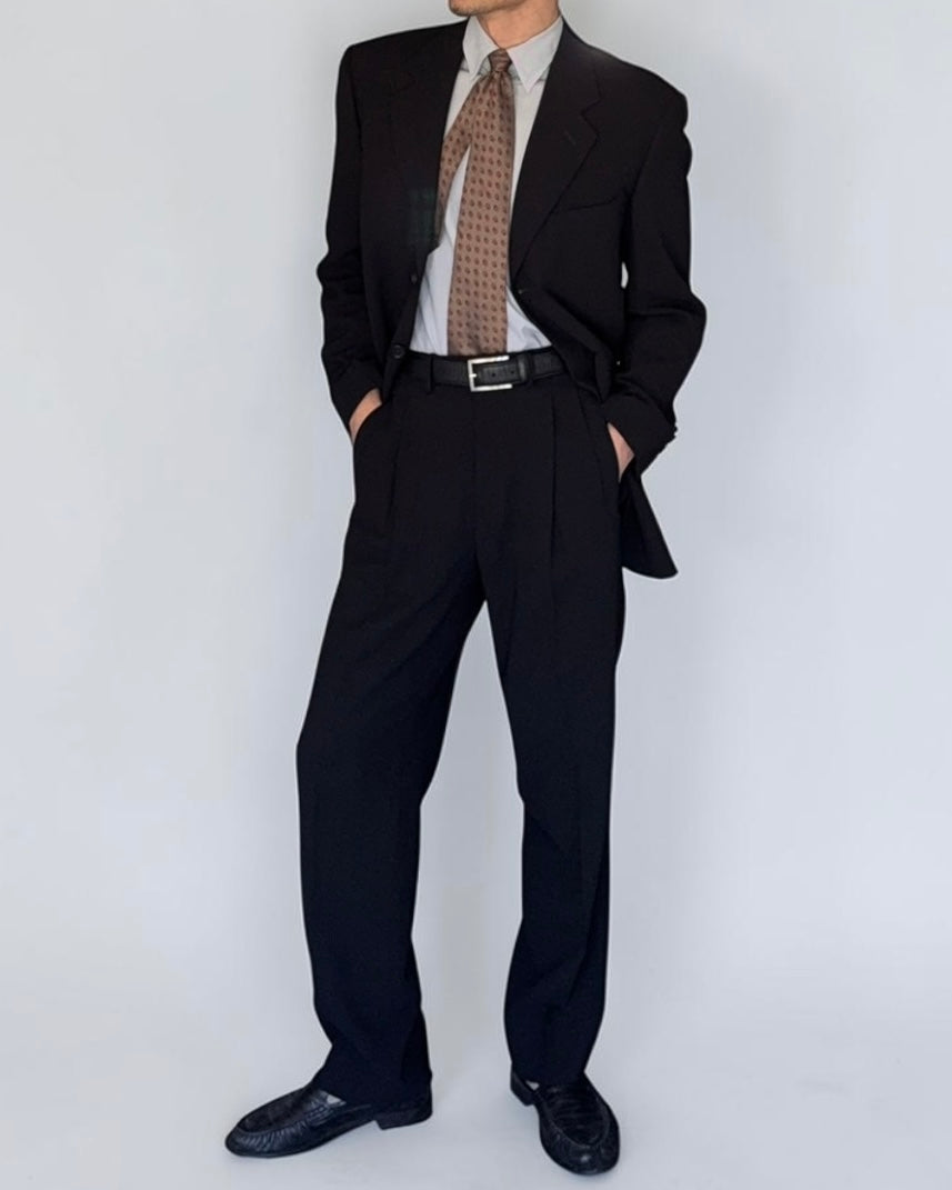 Giorgio Armani Black Label 1990s 3B Black Pleated Wool Draped Suit - Size M Jacket / 32" Waist