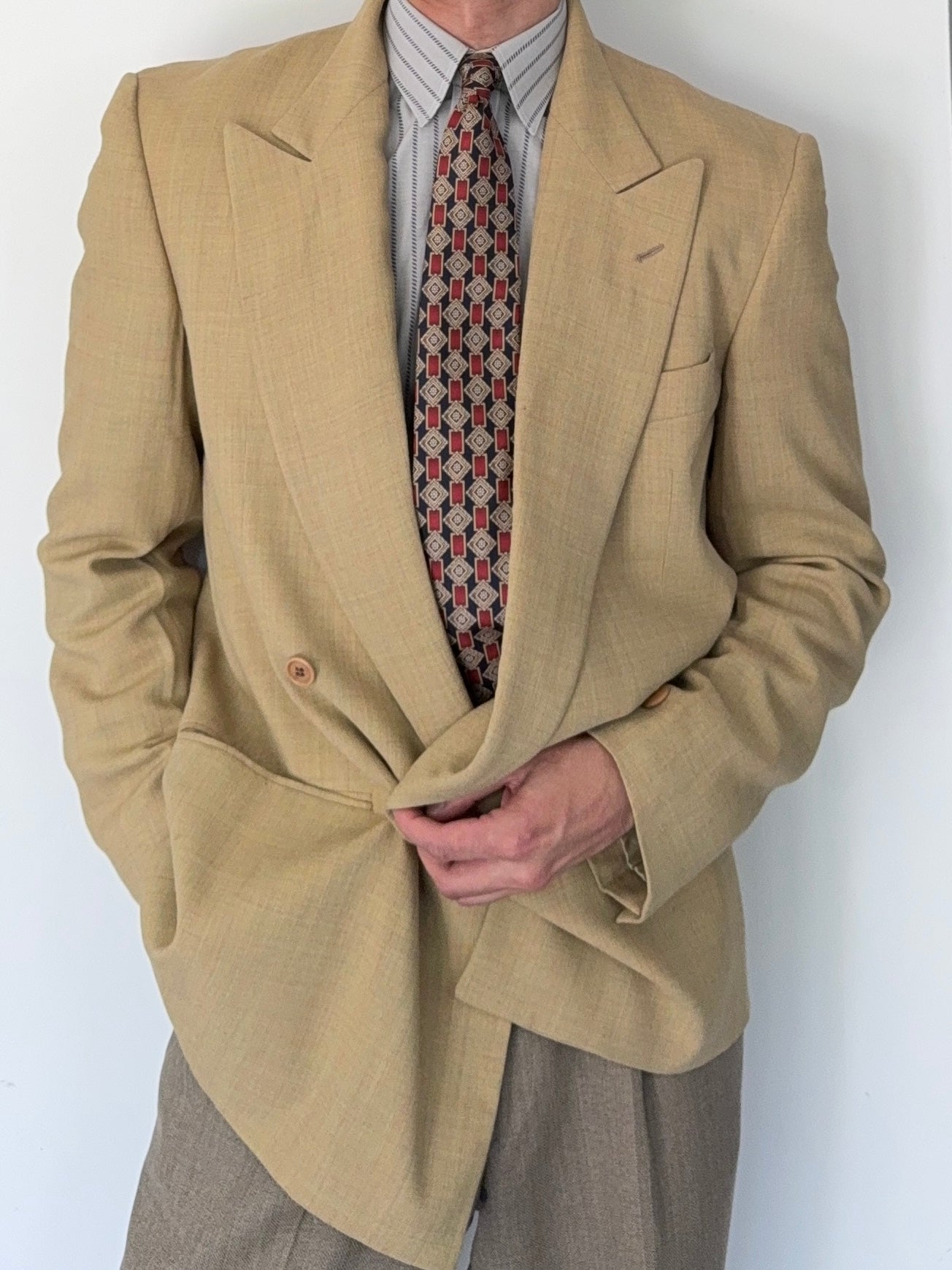 Valentino 1980s Peaked Lapel Double Breasted Textured Wool Blend Unstructured Sports Jacket Blazer - Size M