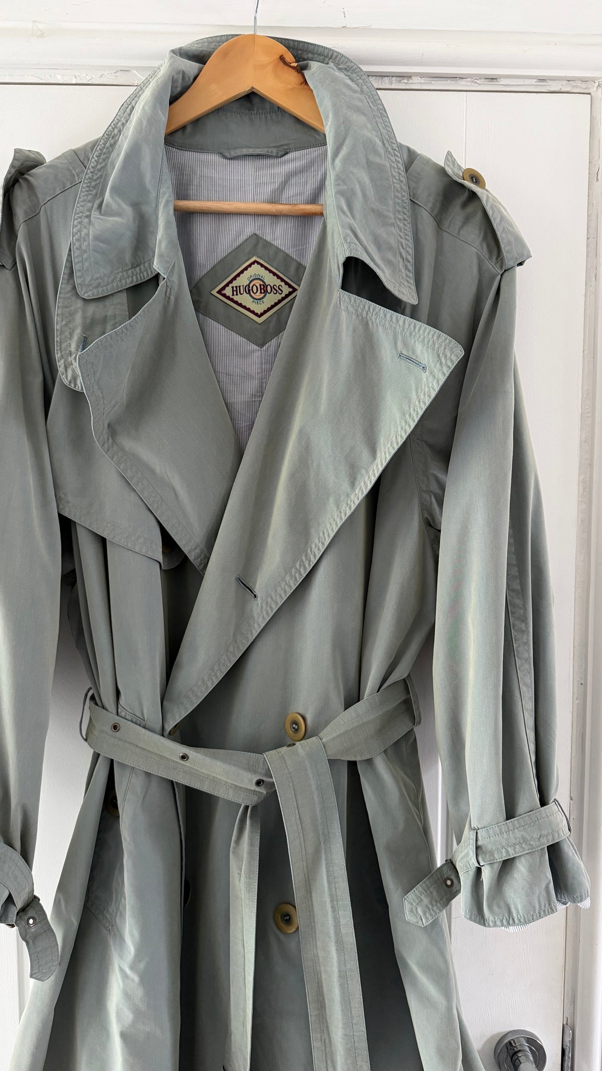 Hugo Boss 1980s Wool Cotton Steel Blue Trench Coat - Size L