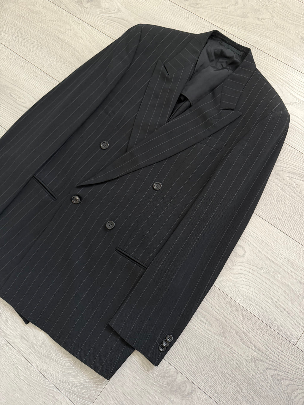 Armani 1990s Peaked Lapel Double Breasted Pinstripe Textured Wool Suit - Size M Jacket / 31" Waist