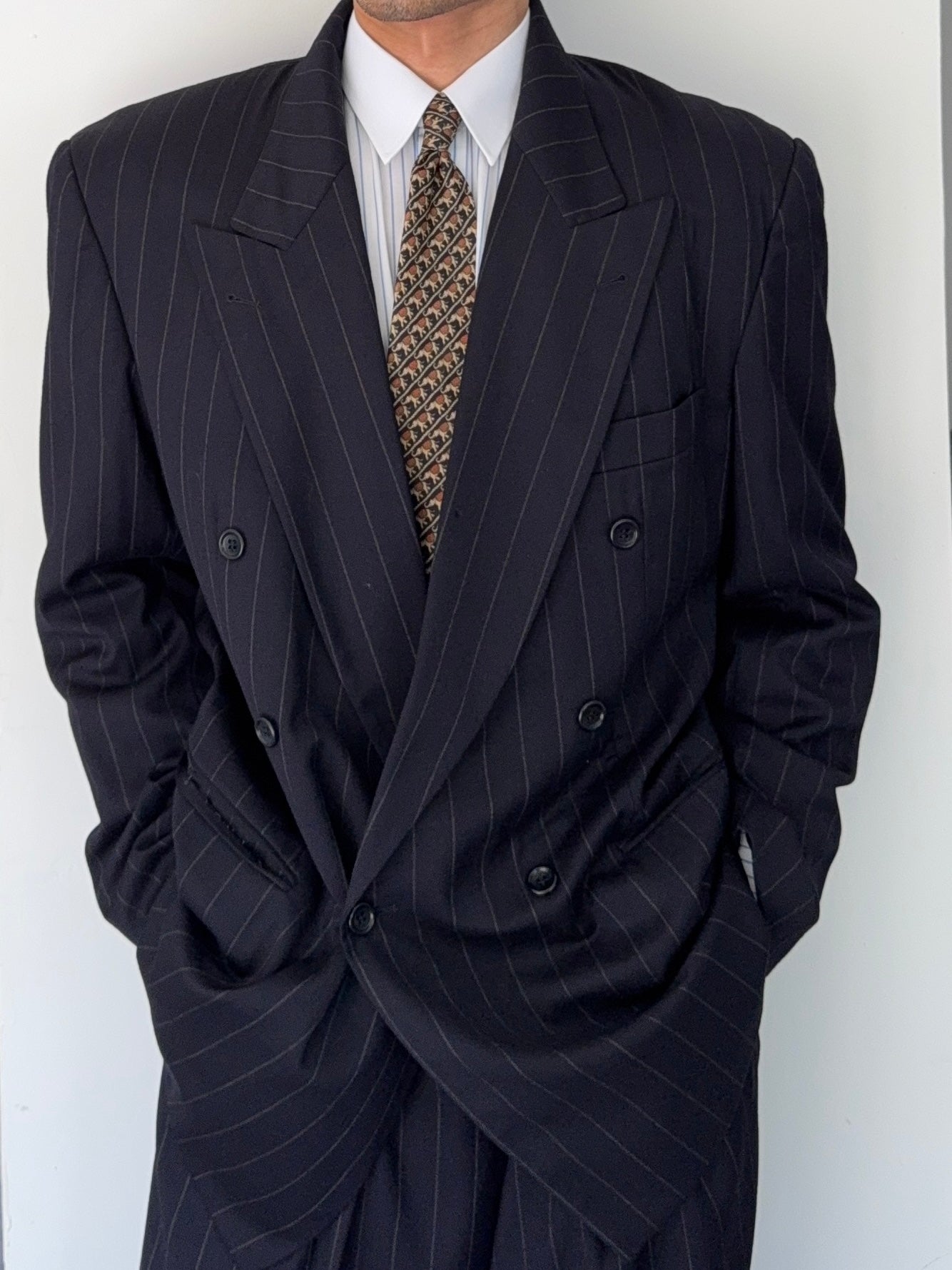Hugo Boss 1980s 'Al Capone' Peak Lapel Double Breasted Pleated Striped Navy Suit - Size XXL Jacket / 36" Waist
