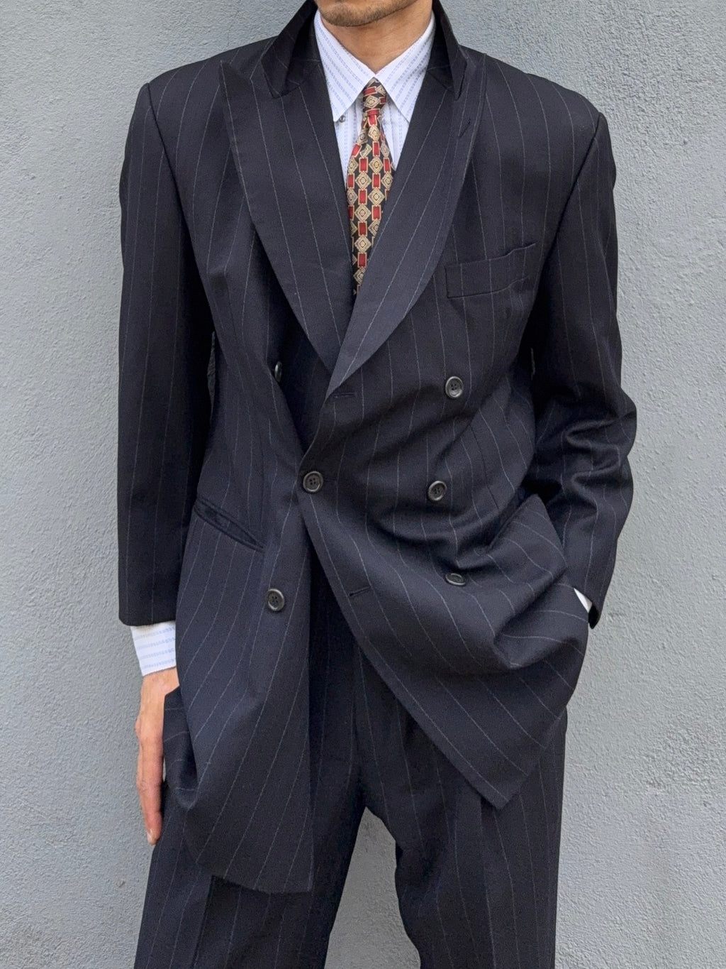 Hugo Boss 1990s 'Nostalgia' 6B Double Breasted Pleated Striped Wool Navy Suit - Size M Jacket / 32" Waist