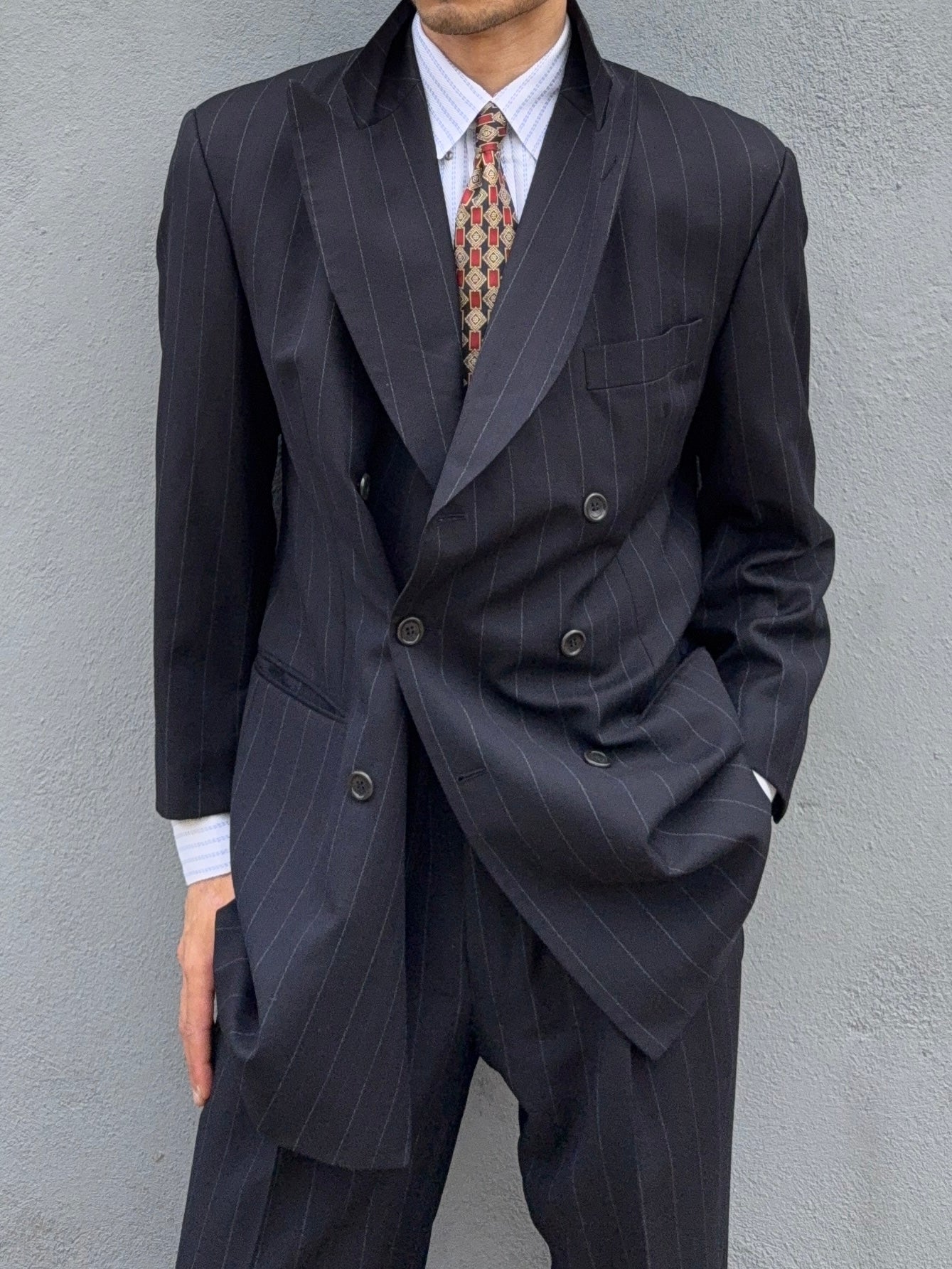 Hugo Boss 1990s 'Nostalgia' 6B Double Breasted Pleated Striped Wool Navy Suit - Size M Jacket / 32" Waist