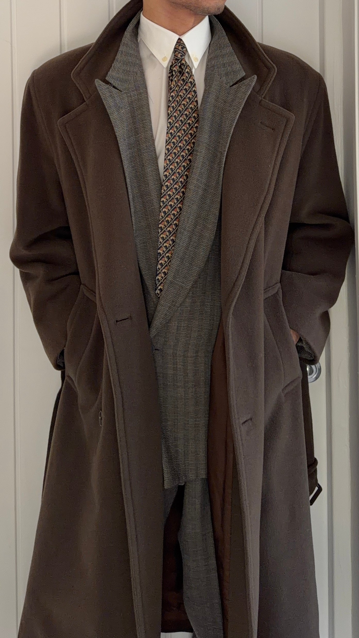 Hugo Boss 1980s Double-Breasted Belted Wool Brown Coat - Size M