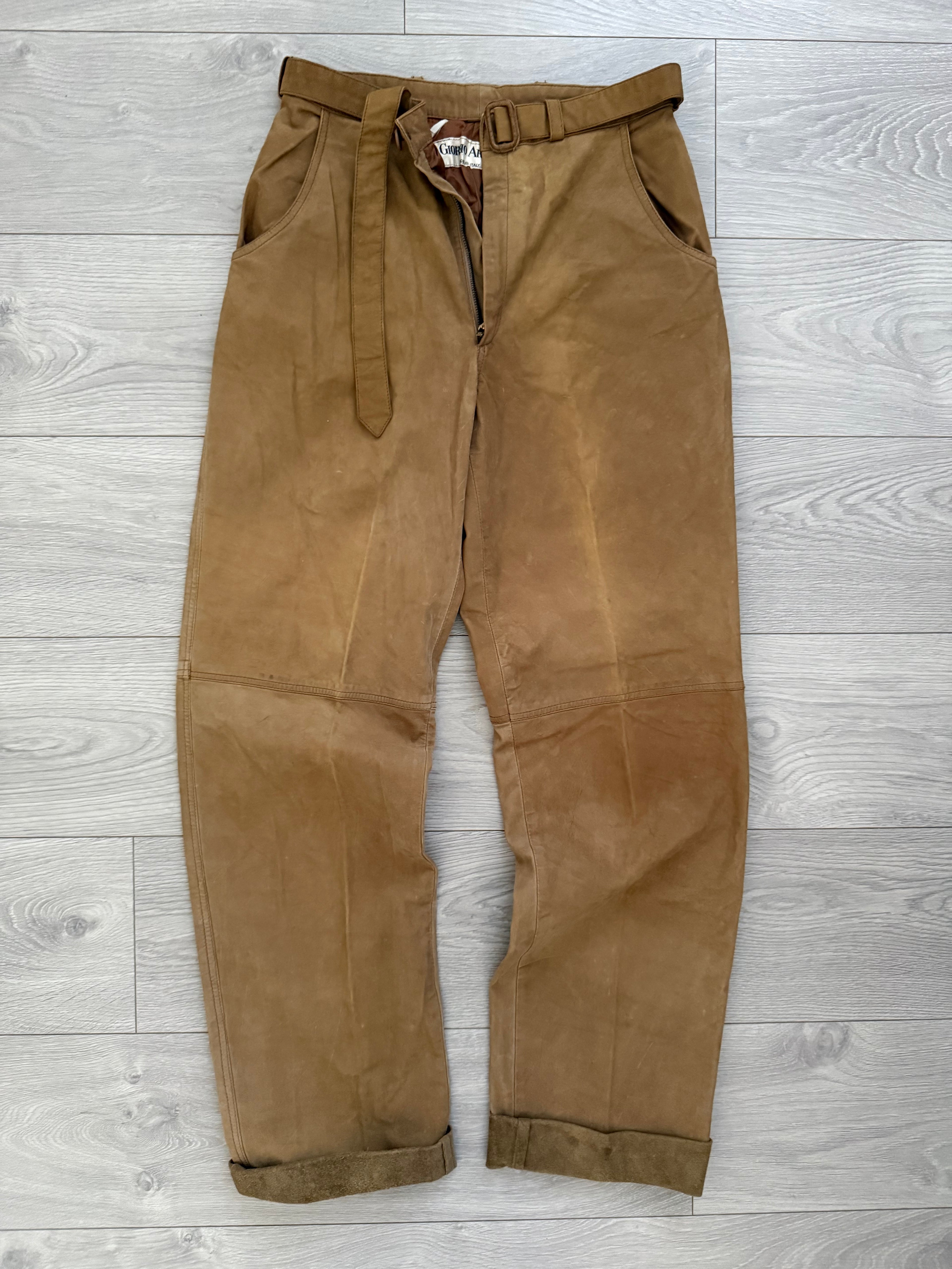 Giorgio Armani 1970s Suede Leather Belted Pants - Size 30" Waist