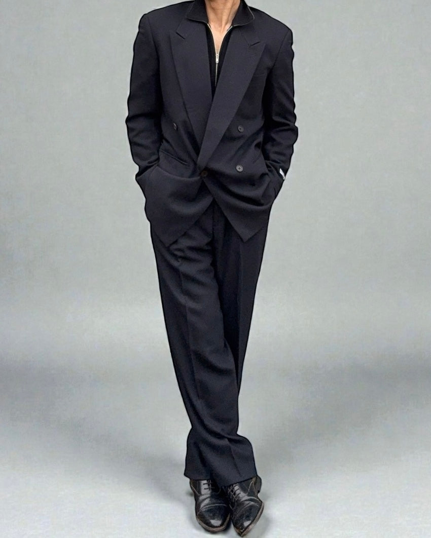 Giorgio Armani 1980s Double Breasted Pleated Wool Suit Navy New - Size L Jacket / 32" Waist